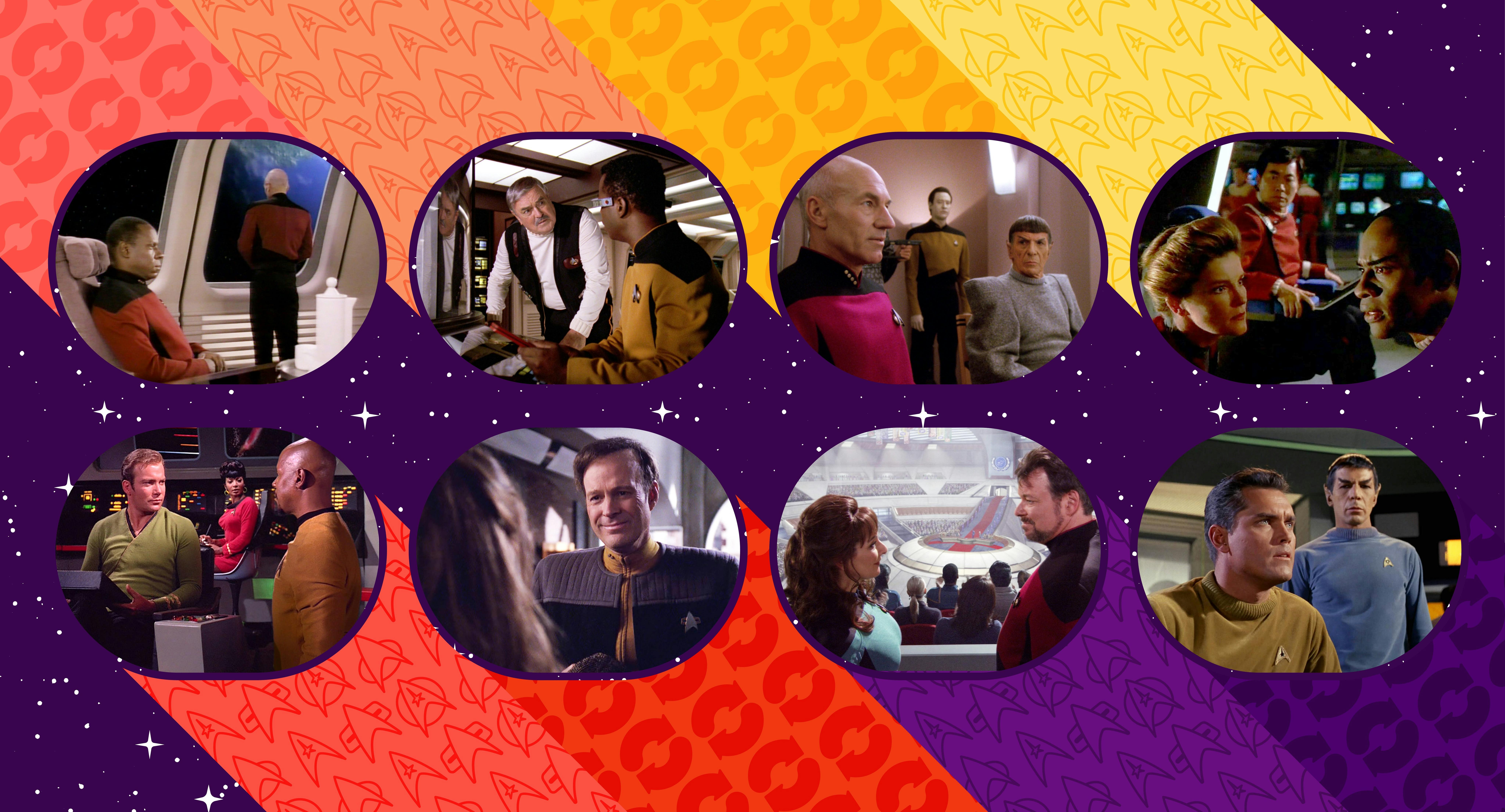 A collage of Star Trek episodes from across the franchise against a red, orange, yellow, and purple background.