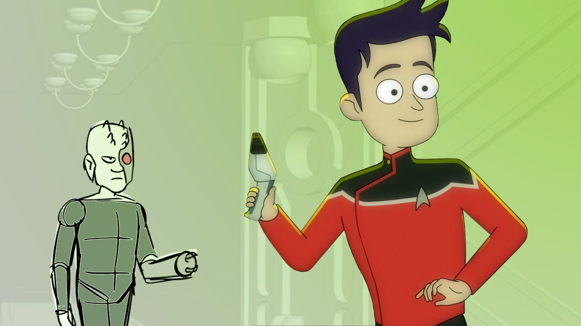 A still image from the animatic for Star Trek: Lower Decks season two, episode eight