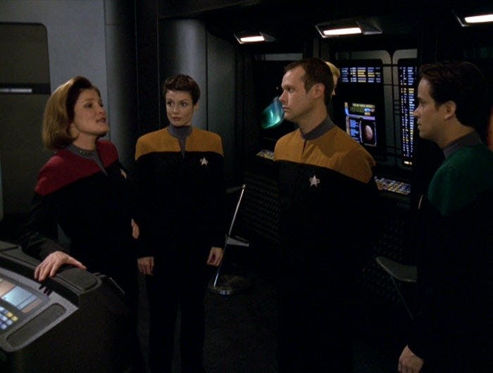 Janeway takes three officers on an away mission in 'Good Shepherd'