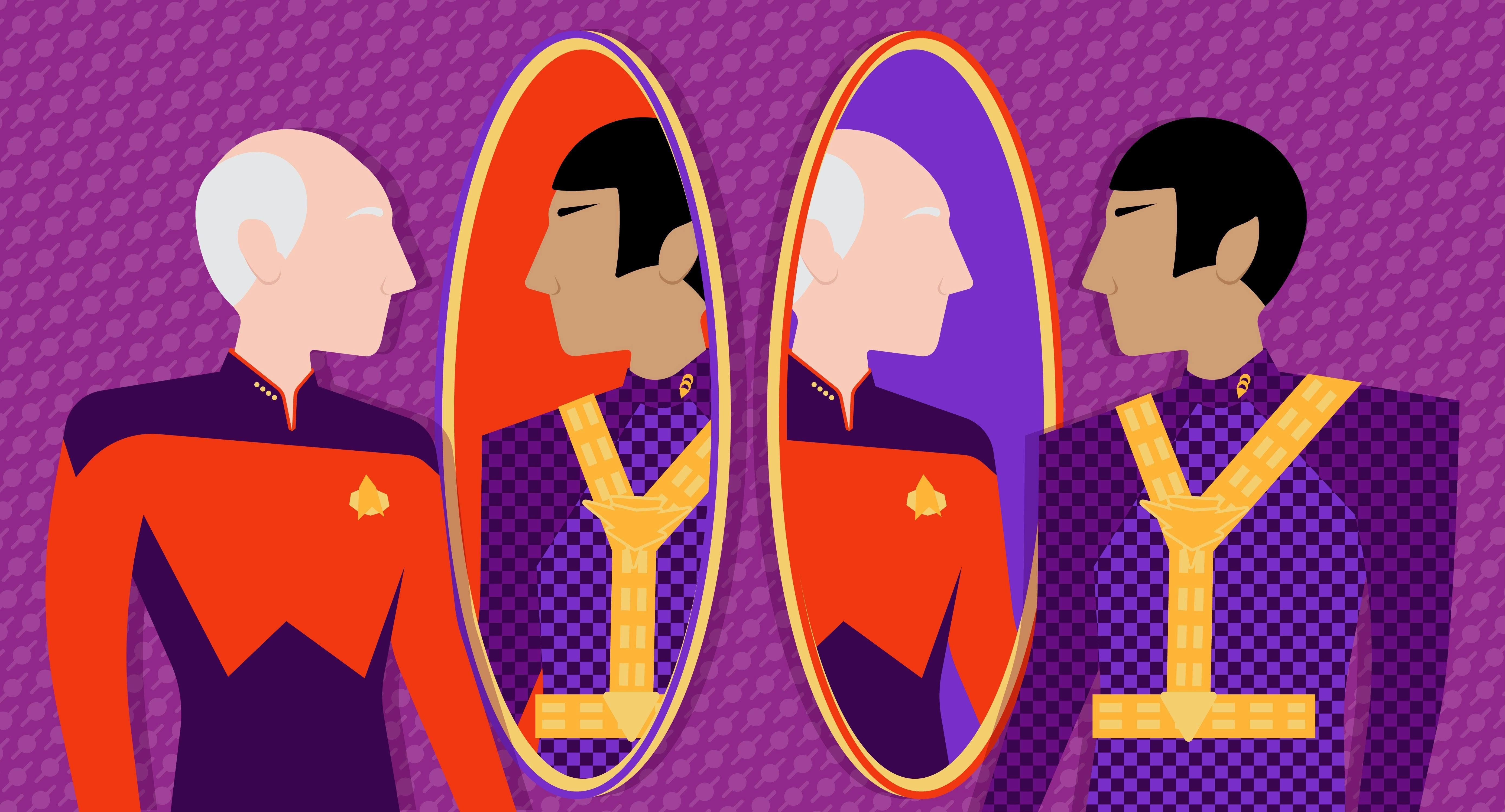 Illustrated image of Picard and a Romulan looking in a mirror and vice versa