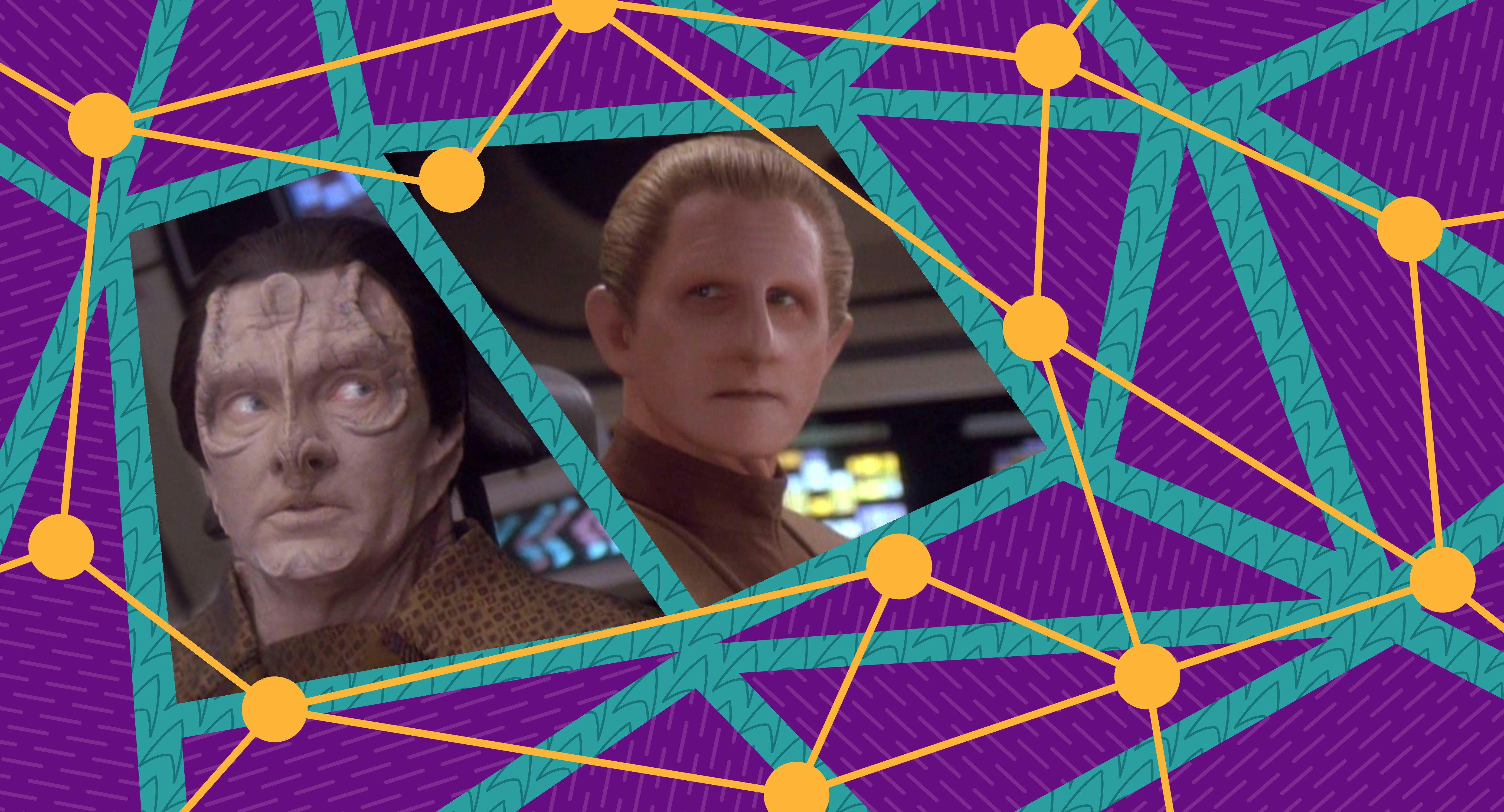Illustrated banner featuring episodic stills of Garak and Odo from 'Improbable Cause'