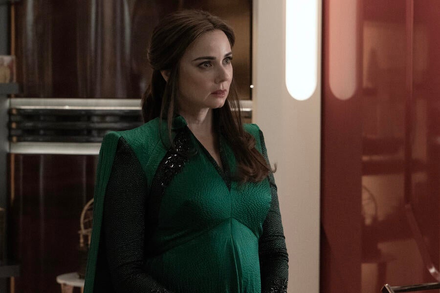 Close-up of Amanda Grayson in the captain&#x27;s quarters ahead of the V&#x27;Shal ceremony in &#x27;Charades&#x27;