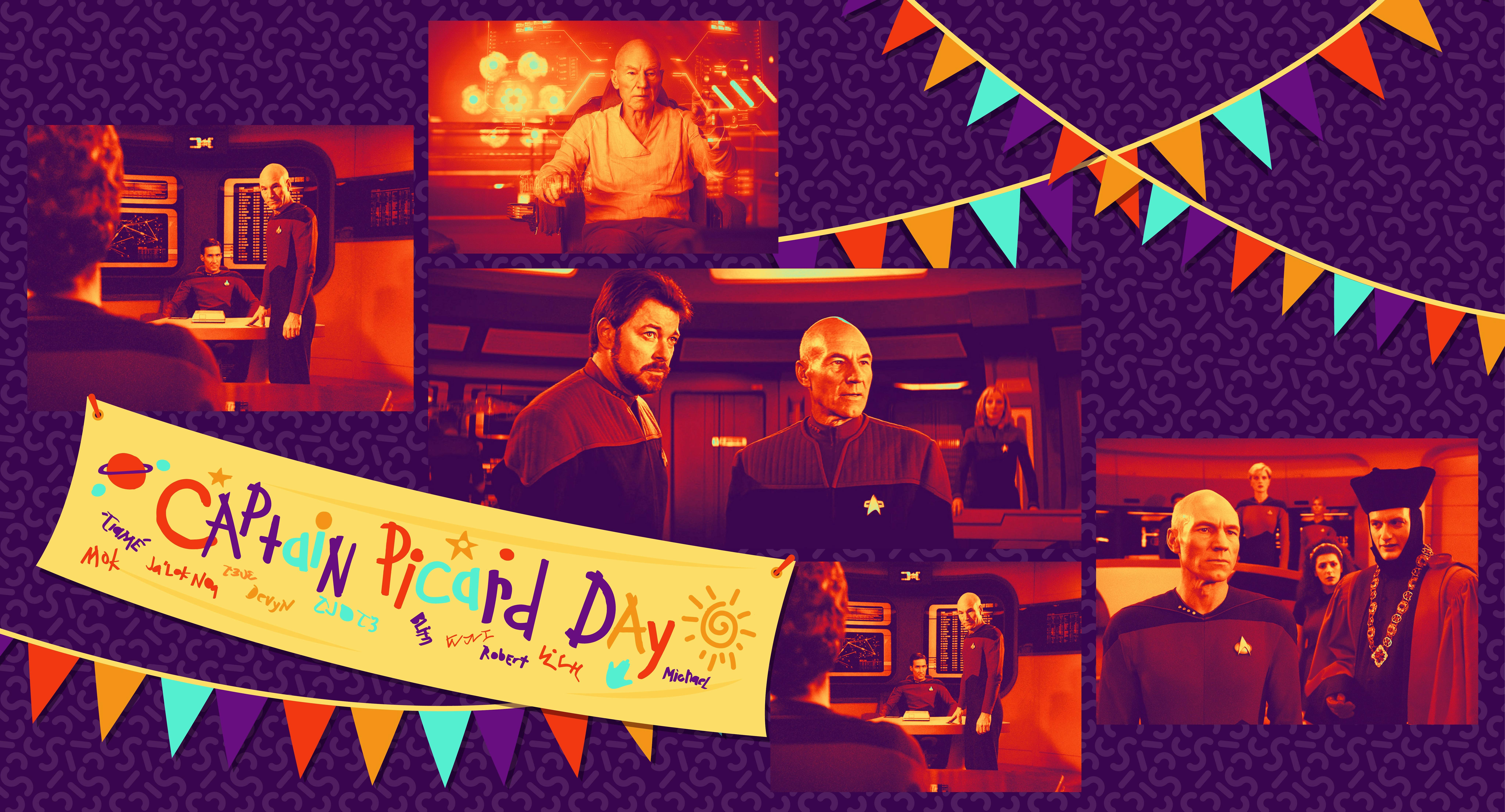 A collage of images of Jean-Luc Picard are against a purple background. A banner reading "Captain Picard Day" is in the lower left corner.