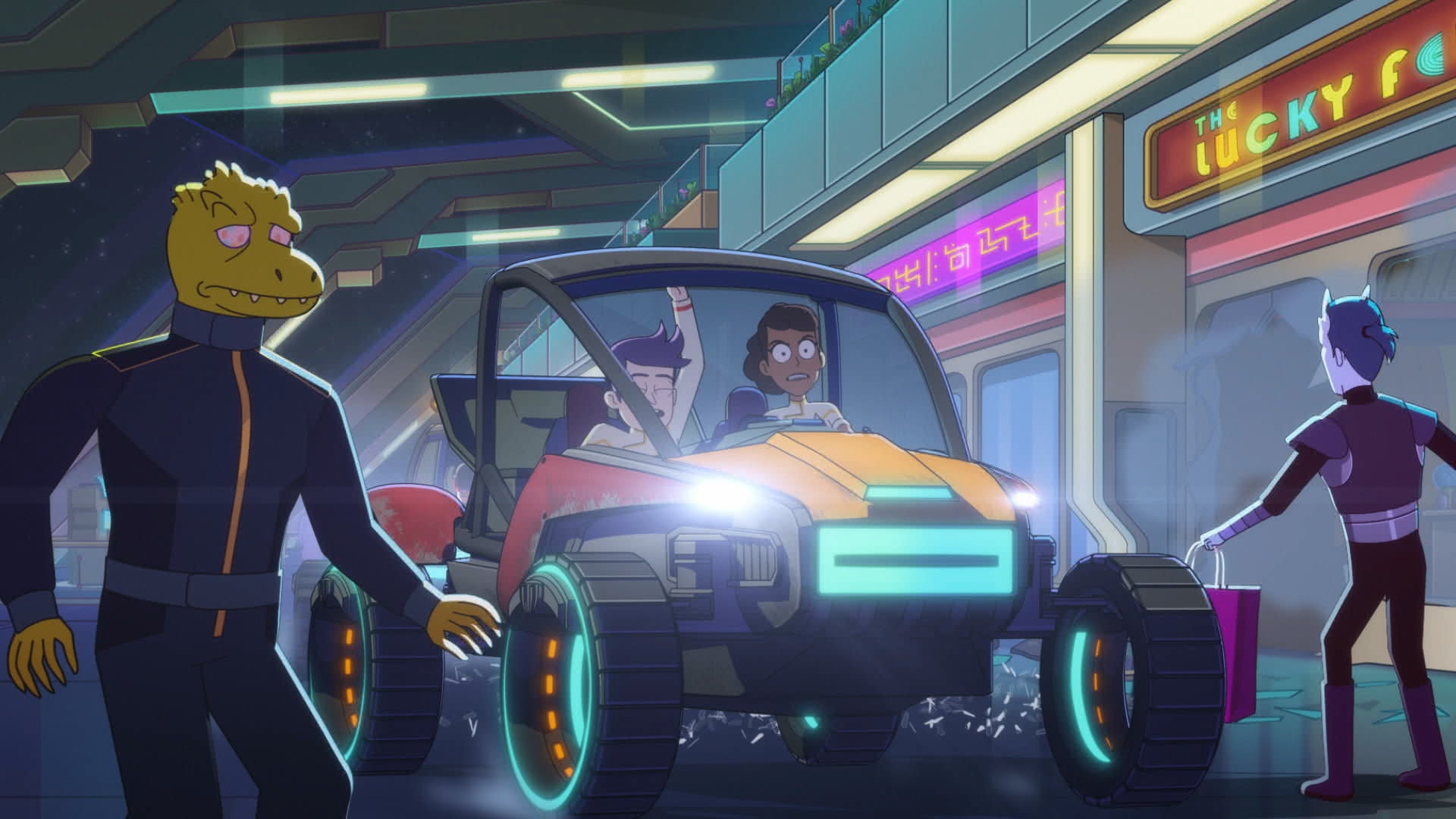 Boimler and Mariner drive through a city in an off-road vehicle in this preview of Star Trek: Lower Decks Season two, episode five.