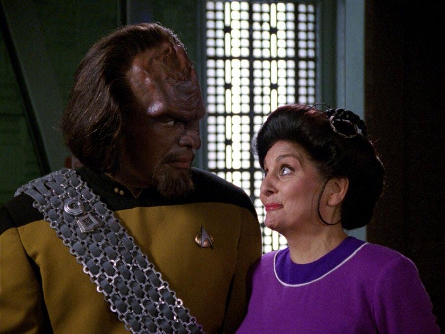 Worf and his foster mother Helena Rozhenko in 'Family'