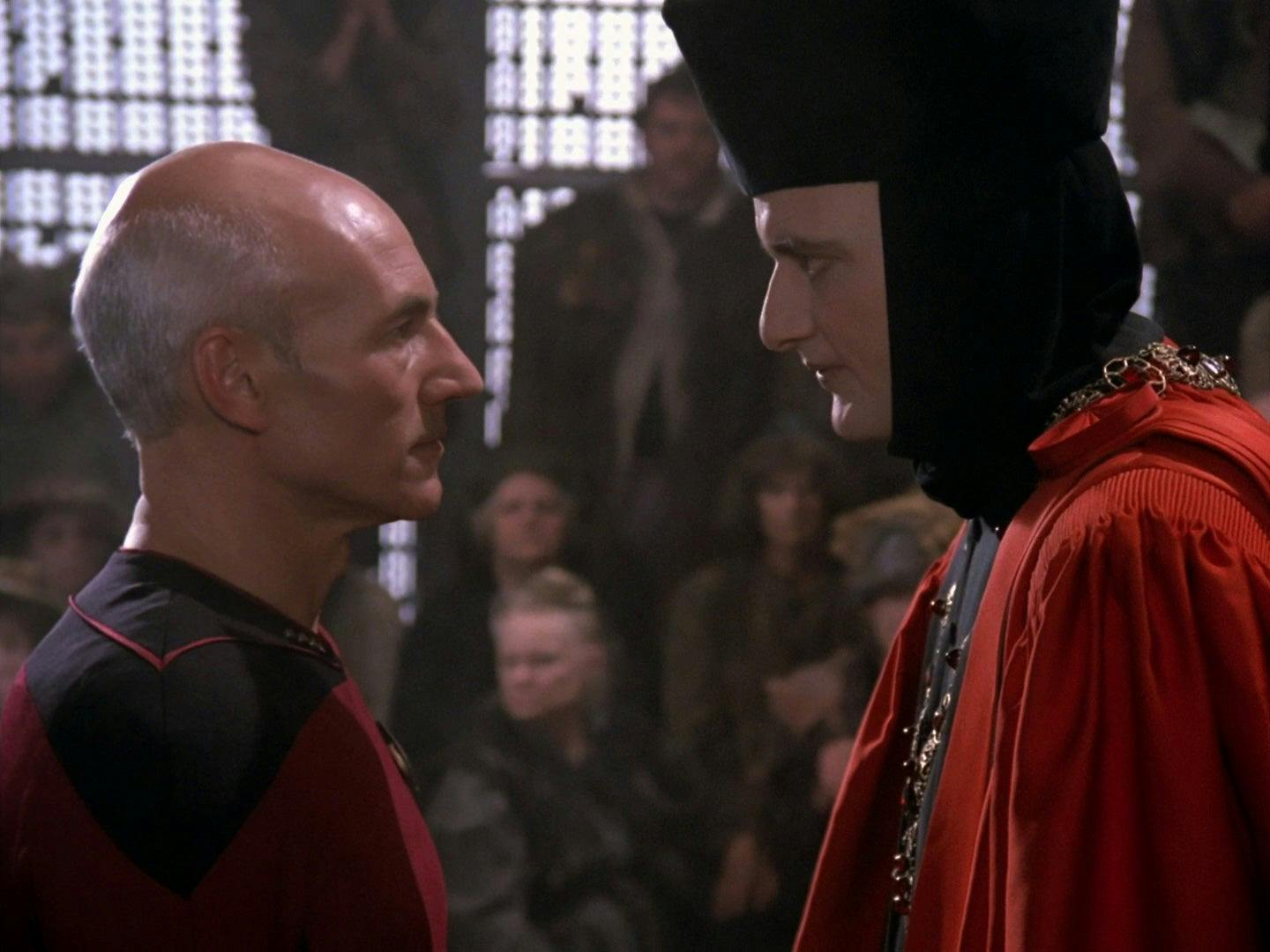 In 'Encounter at Farpoint,' Q in his judge's robe puts Picard on trial on behalf of humanity