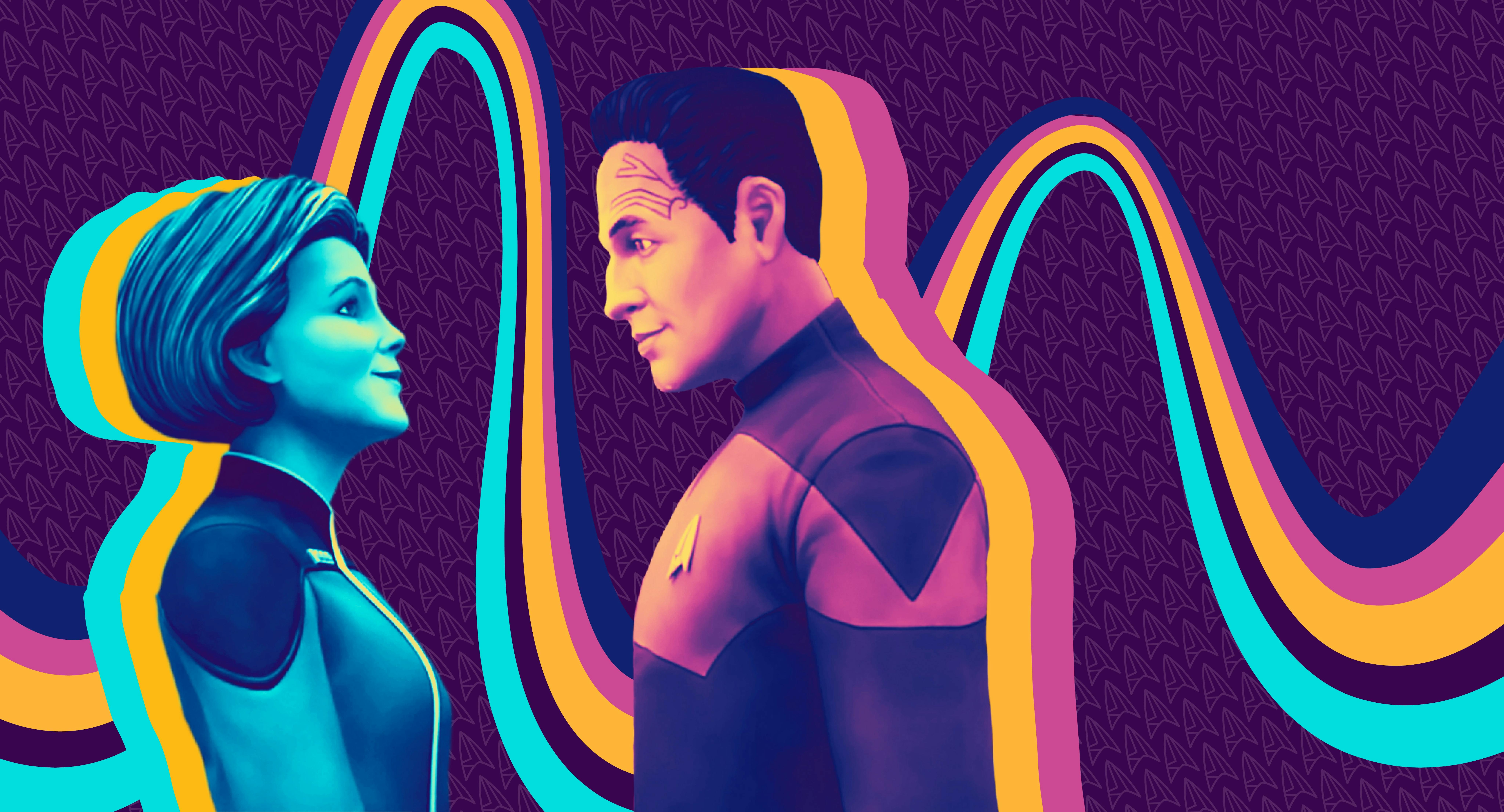 Illustrated banner art of Star Trek: Prodigy's Vice Admiral Janeway and Captain Chakotay looking at each other