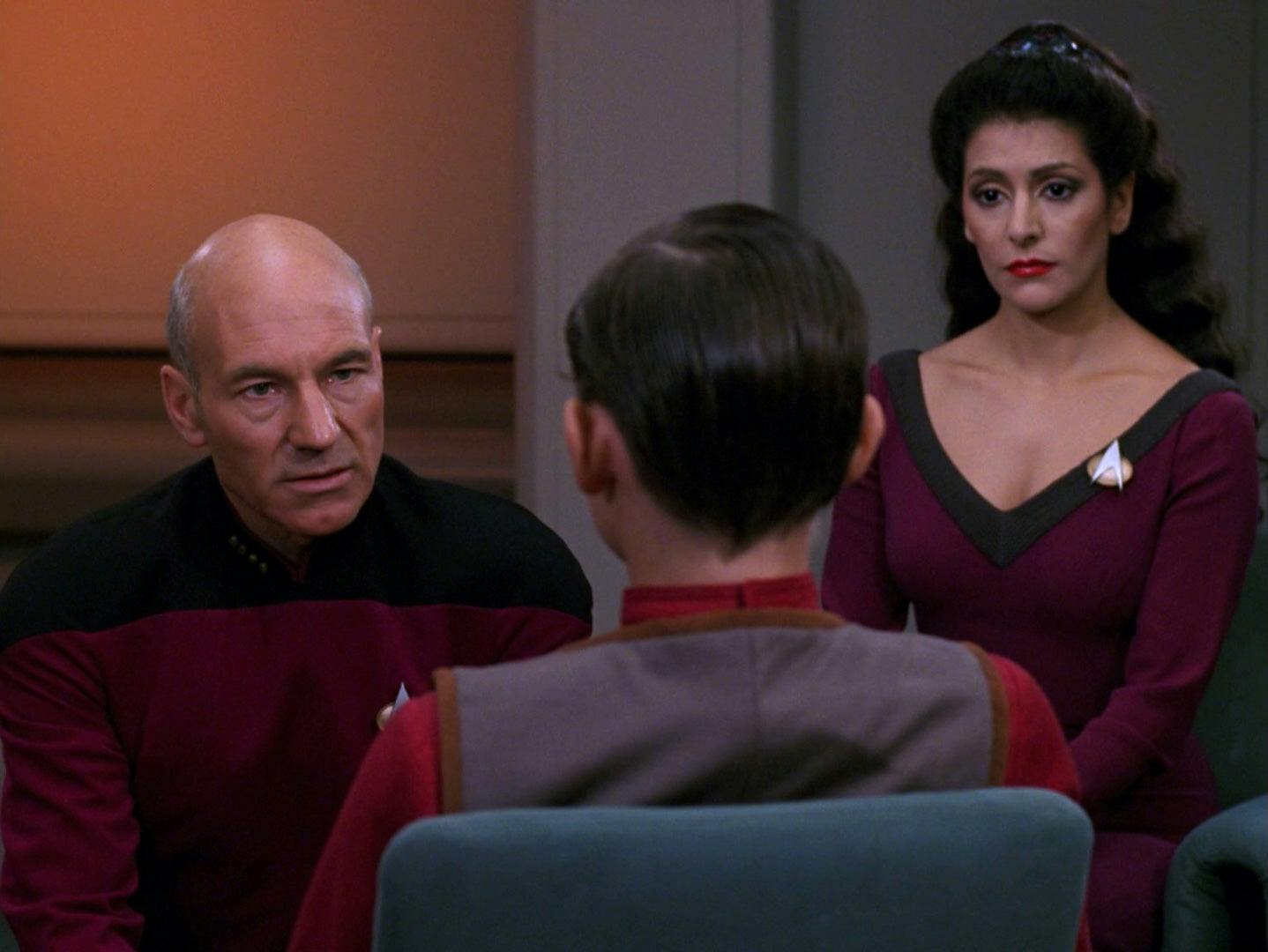 In his Ready Room, Captain Jean-Luc Picard and Deanna Troi deliver devastating news to the young Jeremy Aster in 'The Bonding'