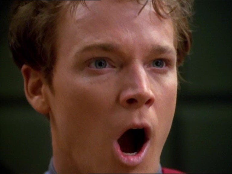 A close-up of a distressed Tom Paris in Star Trek: Voyager
