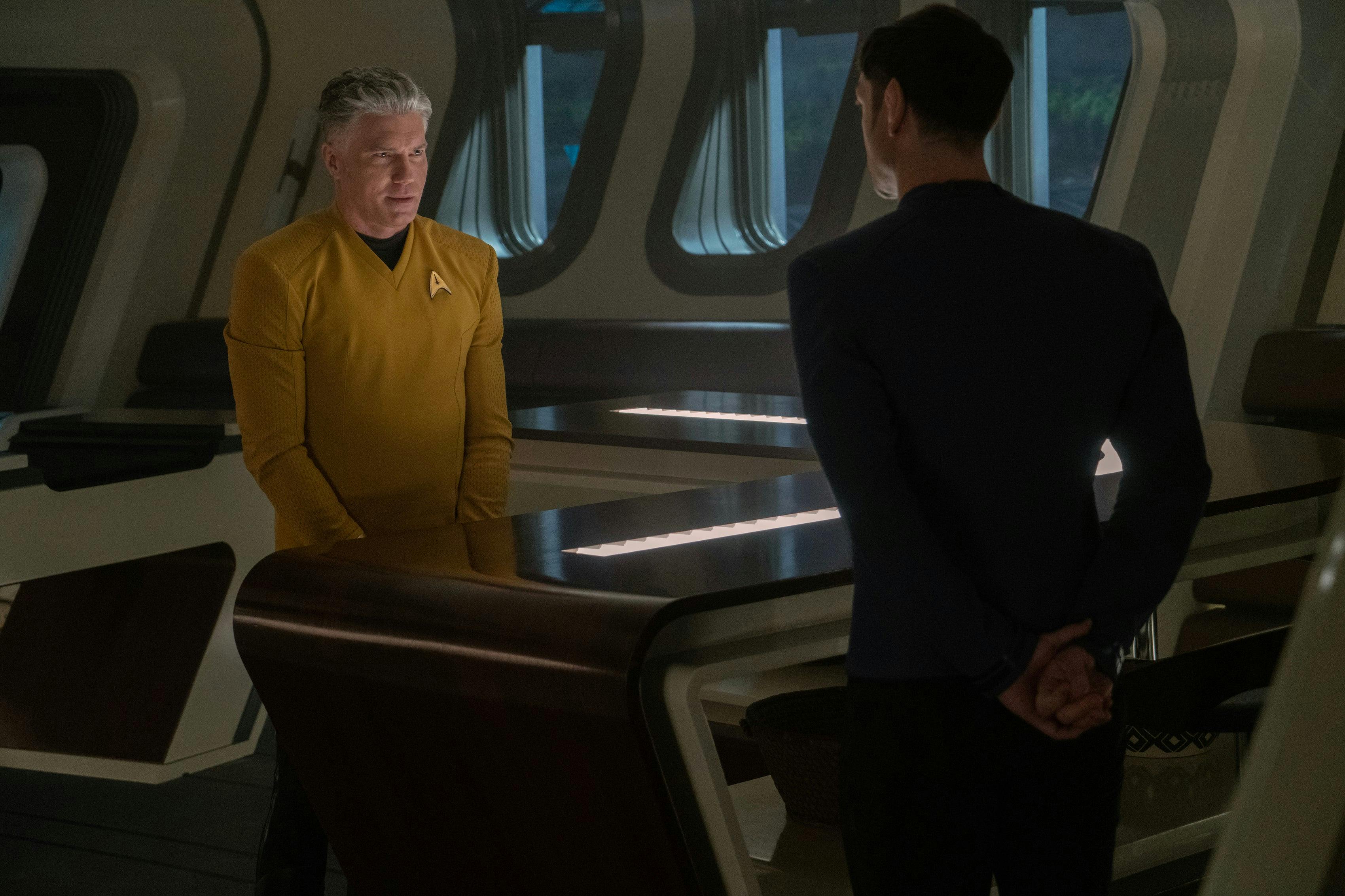 Captain Christopher Pike faces Spock in his Ready Room in 'The Broken Circle'