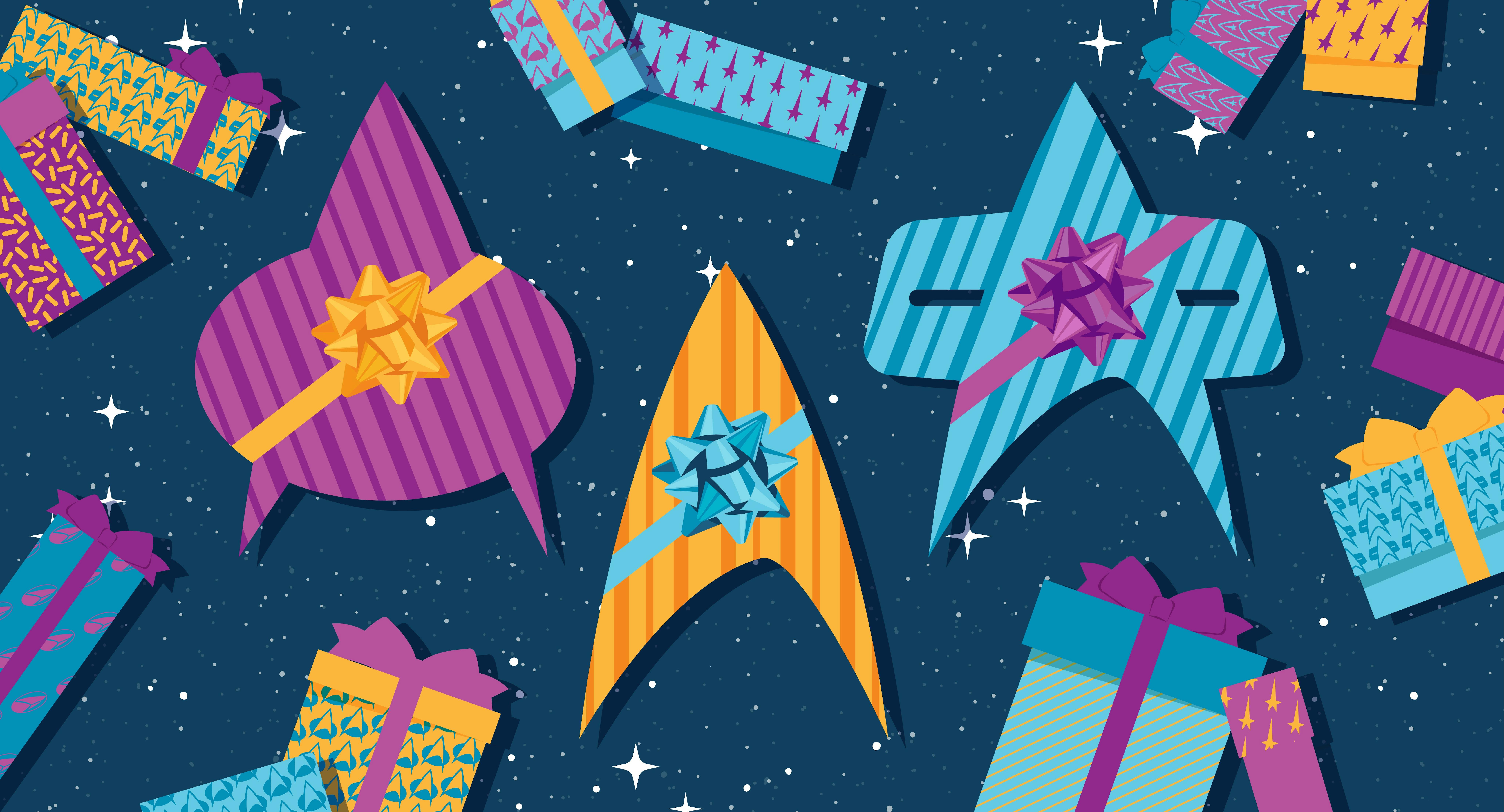 Illustrated banner of Star Trek deltas and gifts with holiday wrapping