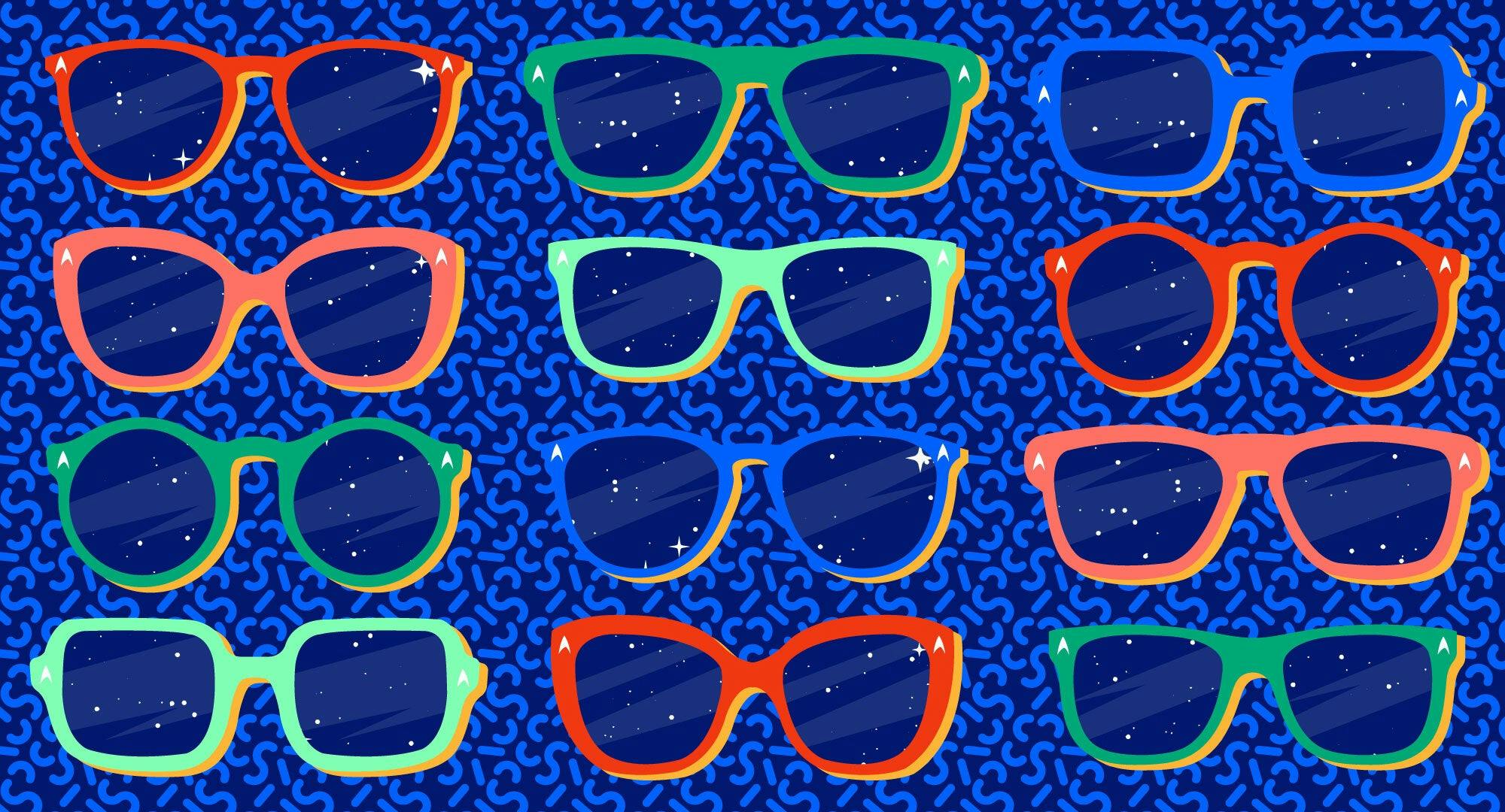 Illustrated banner featuring various designs of sunglasses