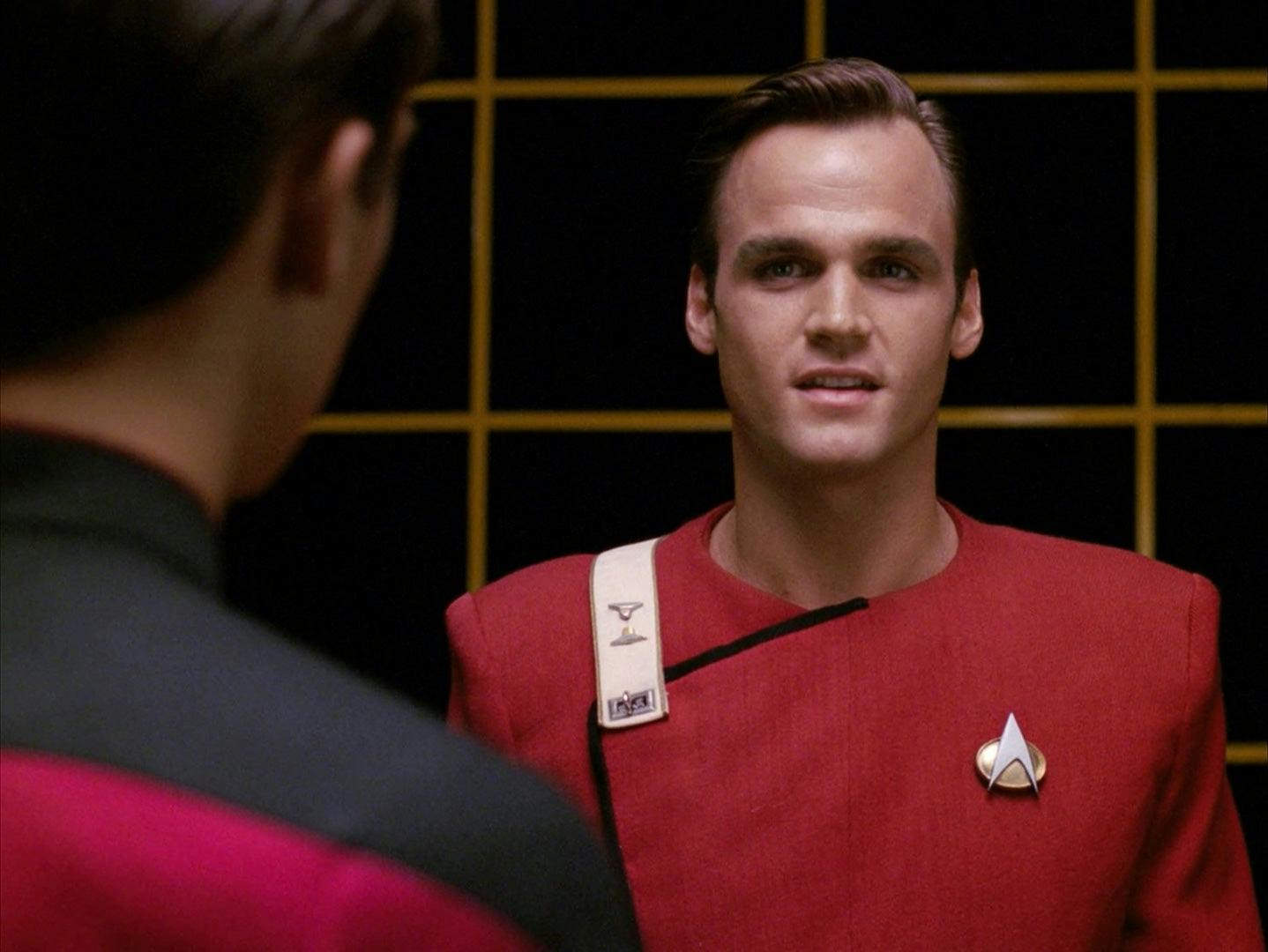 Wesley watches a holographic message from his dad Jack Crusher in the Holodeck on Star Trek: The Next Generation