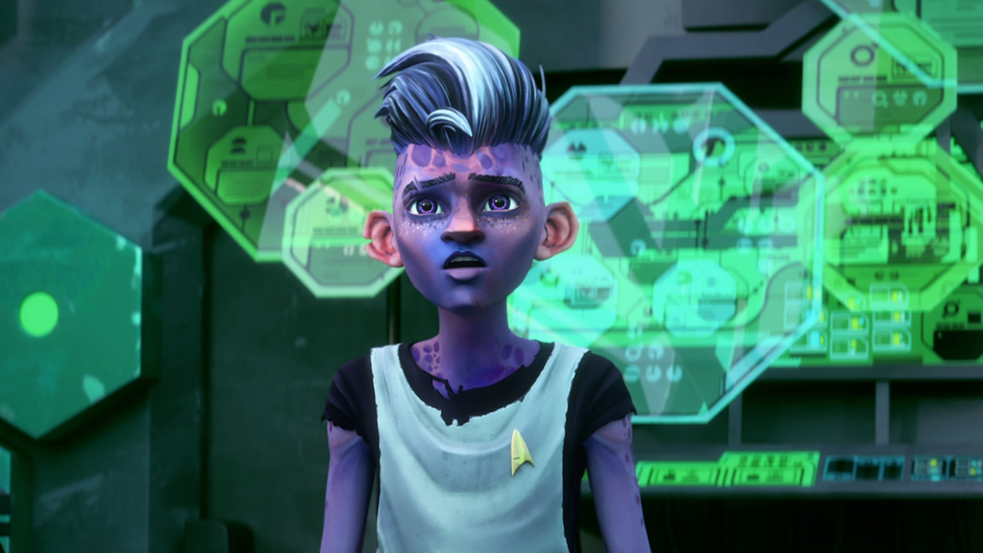 Dal looks at Dr. Jago's analysis of his DNA on Star Trek: Prodigy