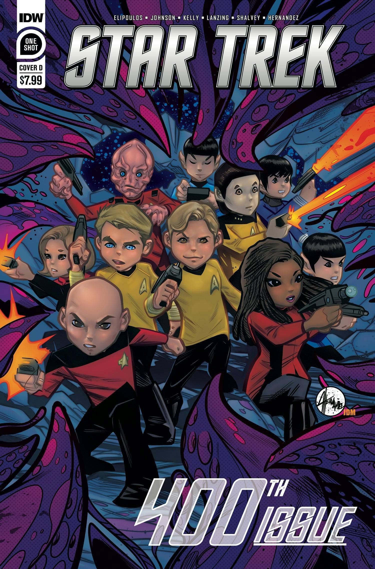 The Star Trek #400 D Cover, featuring adorable chibi versions of major characters including Kirk, Picard, and Burnham.