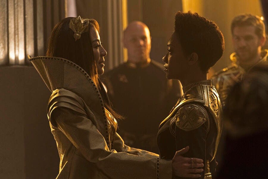 Terran Emperor Georgiou welcomes Michael Burnham back home aboard the I.S.S. Charon in 'Vaulting Ambition'