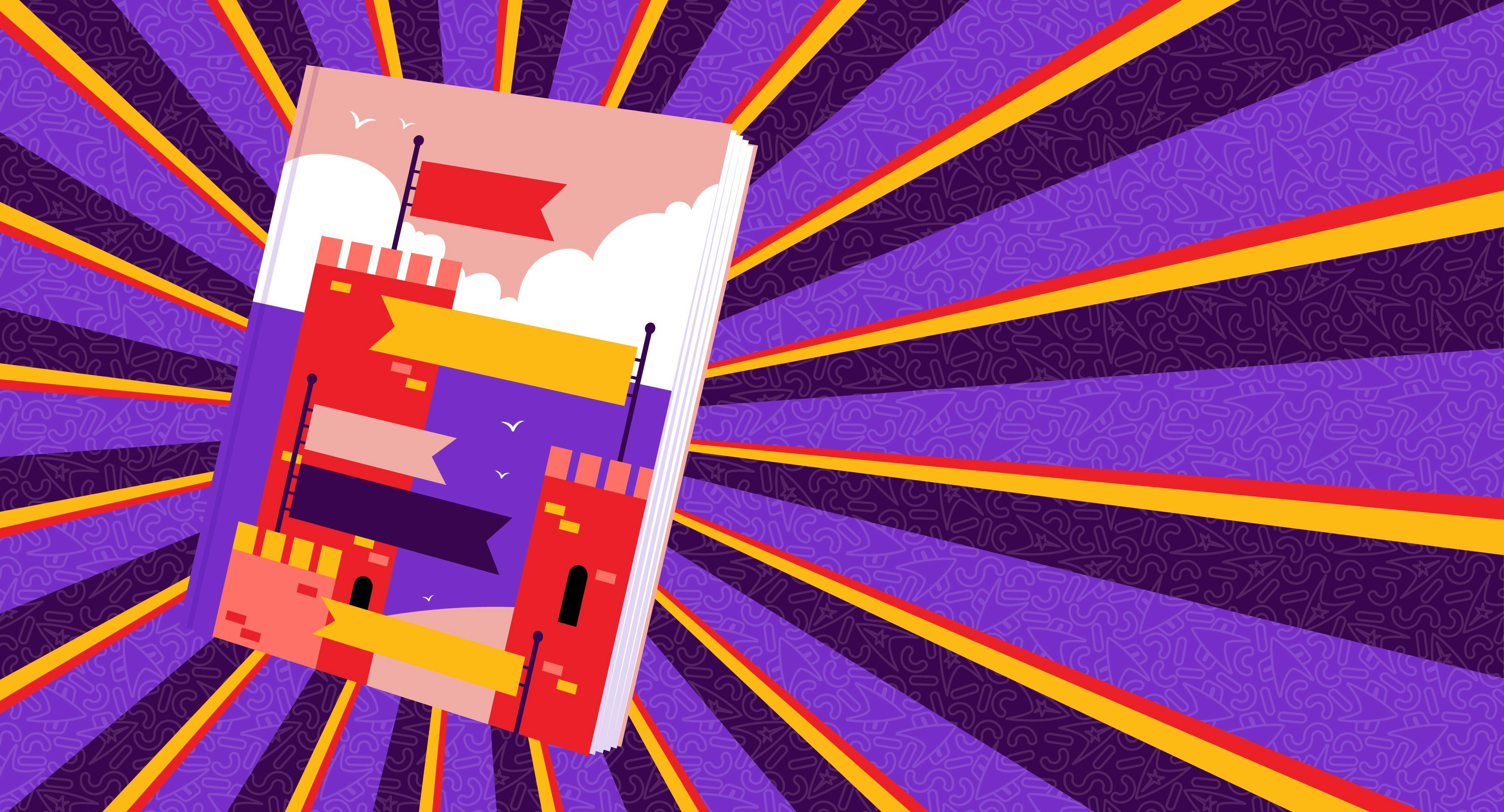 A book featuring a castle on the cover floats against a purple, red, and orange background.