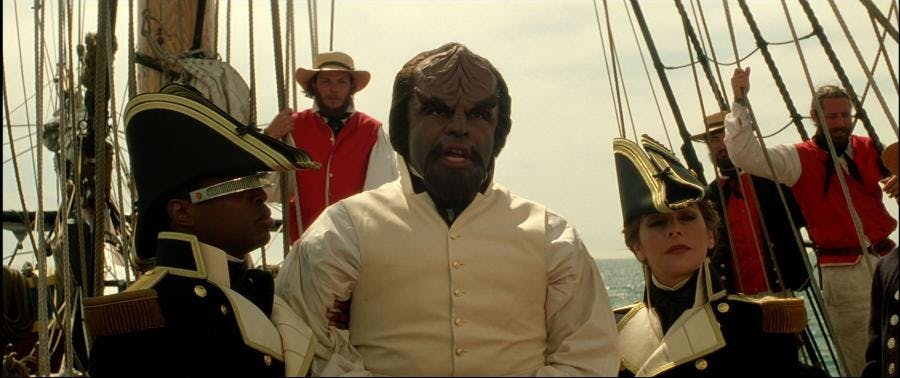 Geordi, Worf, and Deanna Troi aboard a pirate ship in Star Trek Generations