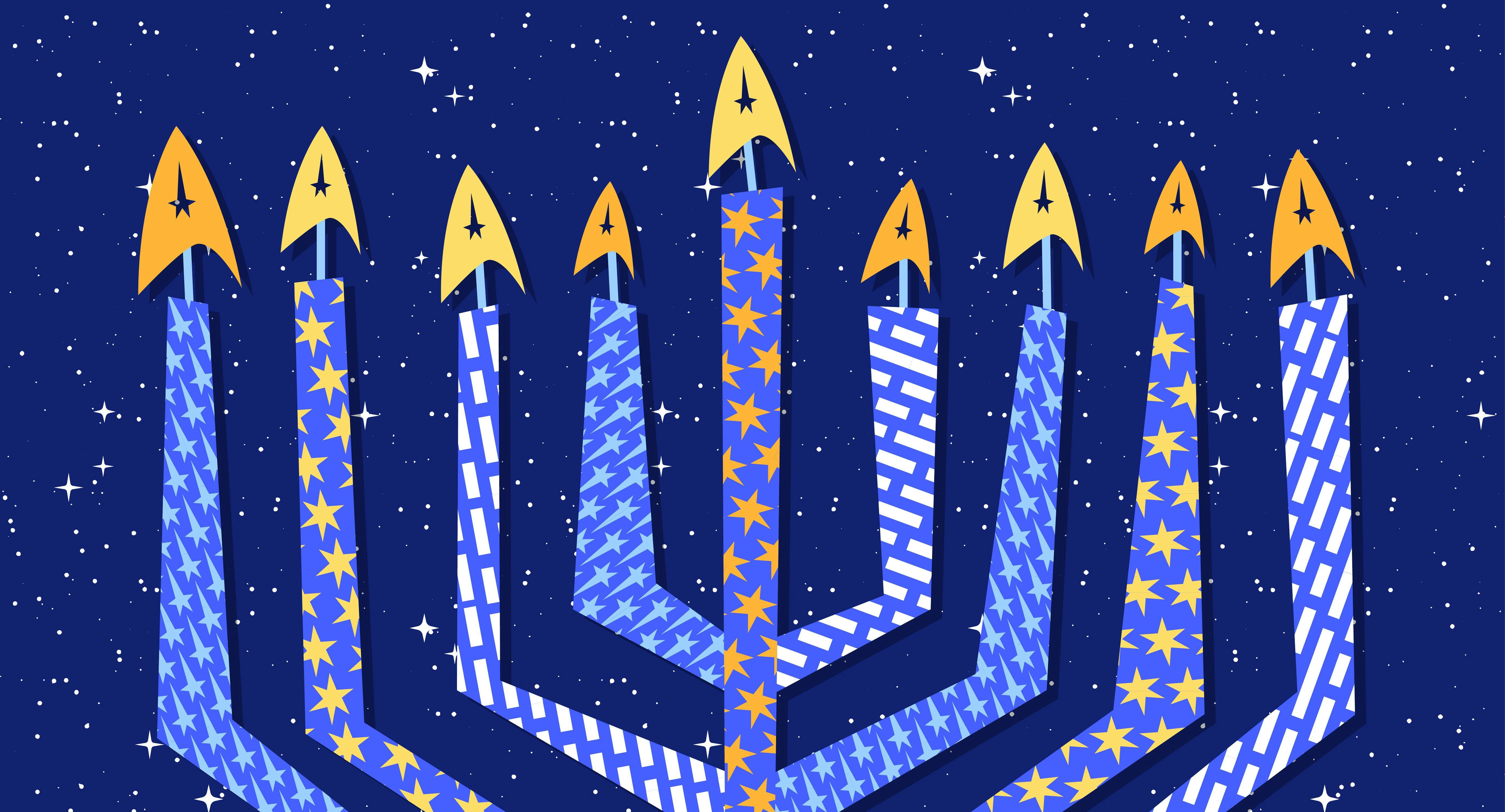 Illustrated banner of the Hanukkah menorah with Star Trek deltas as flames