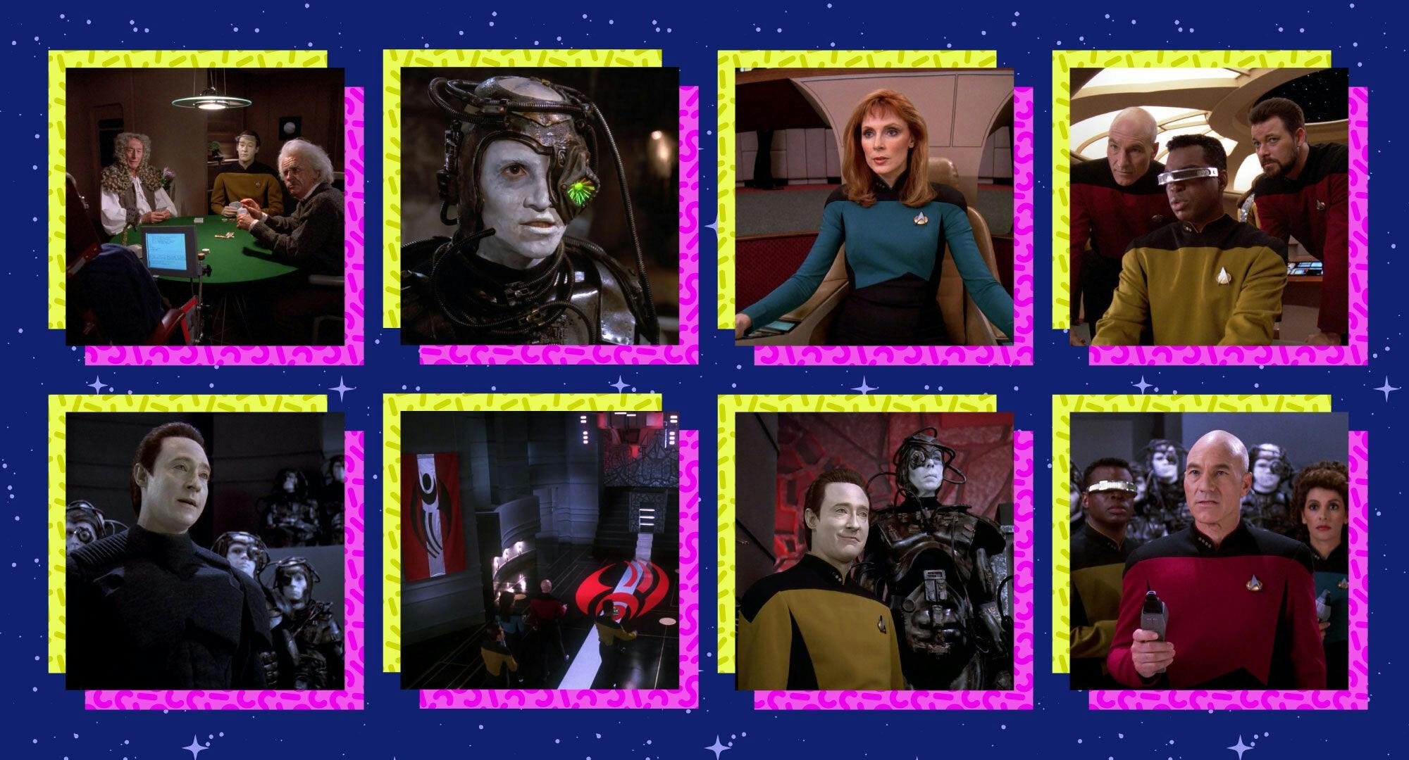 Illustrated banner featuring episodic stills from Star Trek: The Next Generation 'Descent'