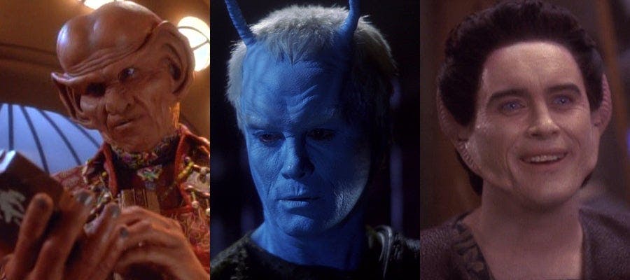 Collage of Jeffrey Combs characters - Star Trek: Deep Space Nine's Liquidator Brunt and Weyoun, with Star Trek: Enterprise's Shran in-between