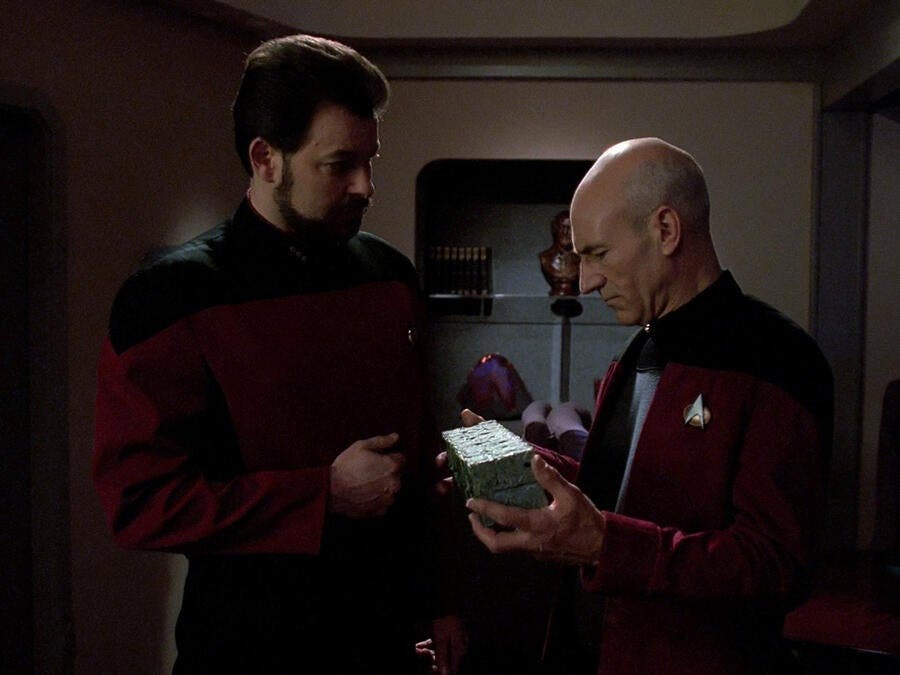 Riker hands Picard a small Kataan box in his quarters in 'Inner Light'
