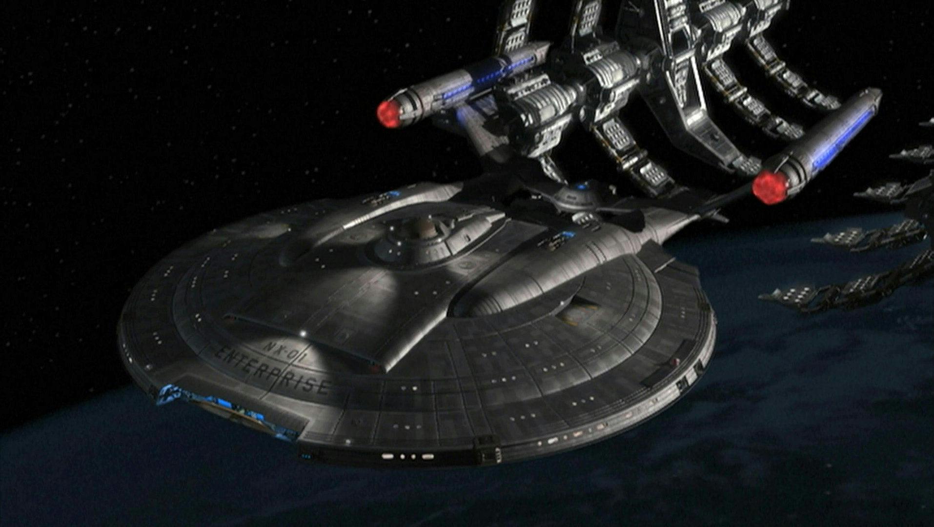 Enterprise NX-01 departing space dock for its first voyage in 'Broken Bow'