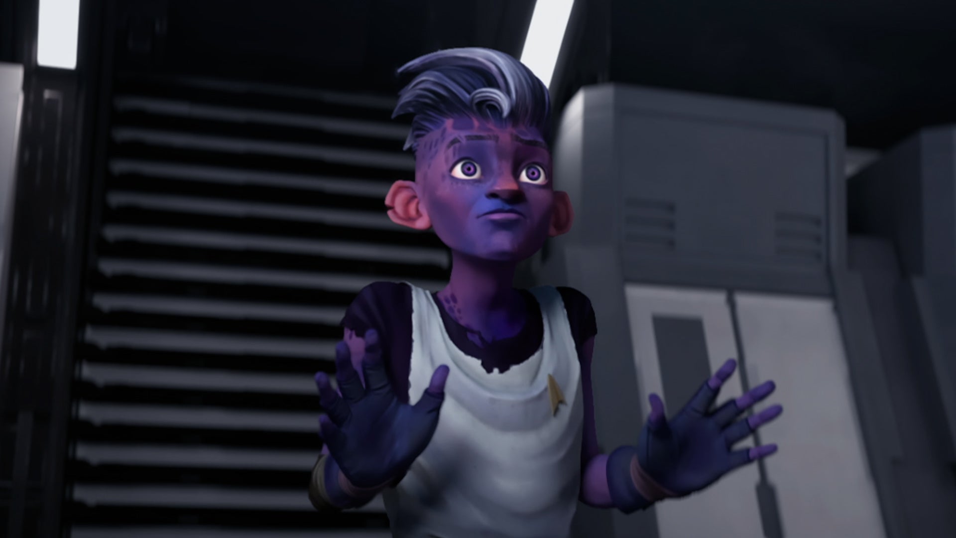 Dal backtracks with his hands up on Star Trek: Prodigy