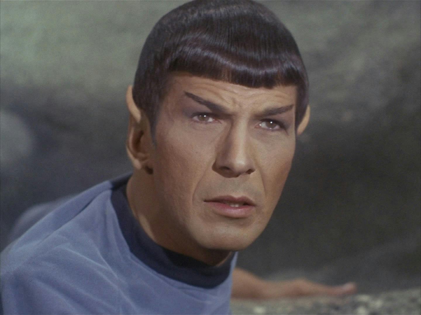 A close up of Spock (TOS) looking worried.