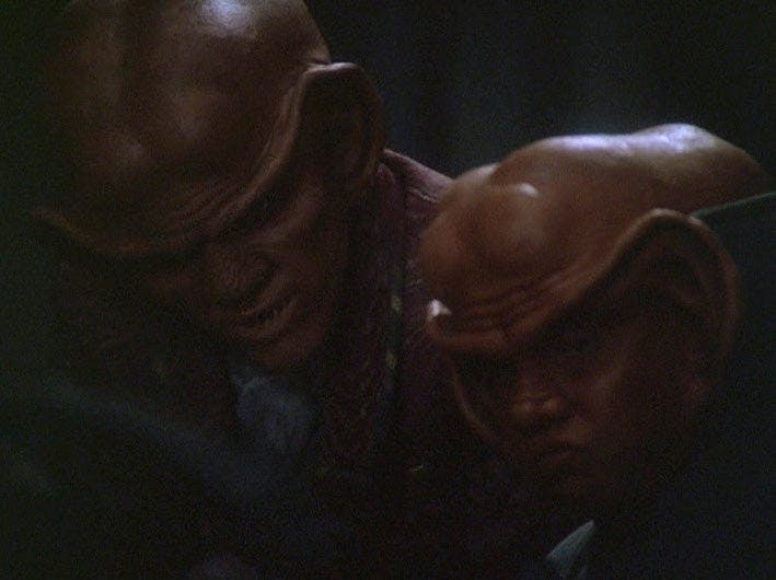 Quark cautions his nephew Nog about putting all your faith in the Federation and Hew-mons on Star Trek: Deep Space Nine