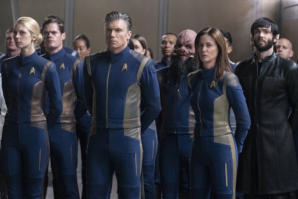 Anson Mount as Captain Pike; Jayne Brook as Admiral Cornwell; Ethan Peck as Spock
