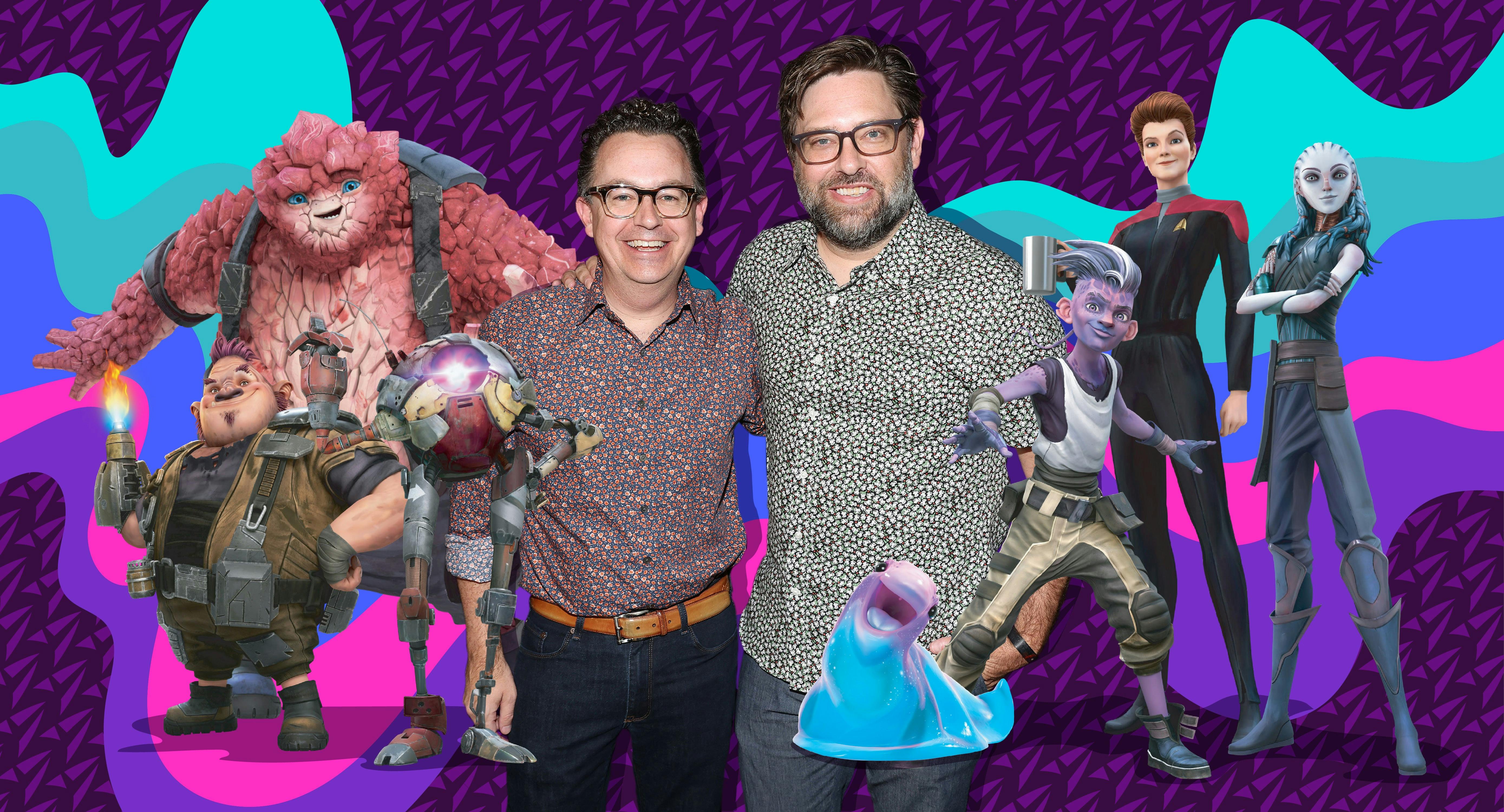 Illustrated banner with executive producer/showrunners Dan and Kevin Hageman surrounded by Star Trek: Prodigy's Protostar crew