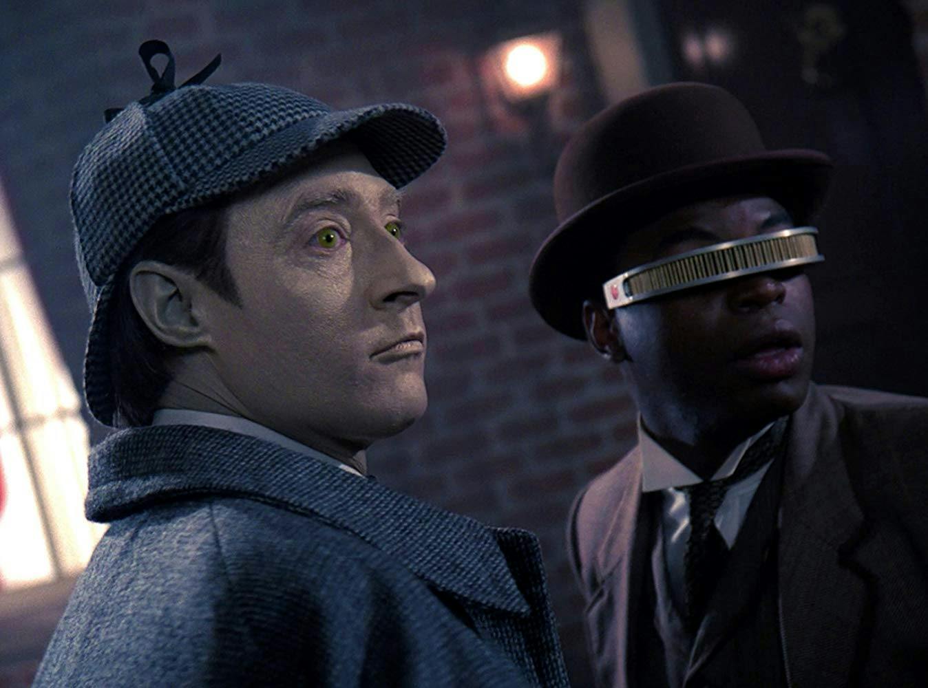 Data and Geordi don Sherlock and Watson costumes while in the holodeck in 'Elementary, Dear Data'