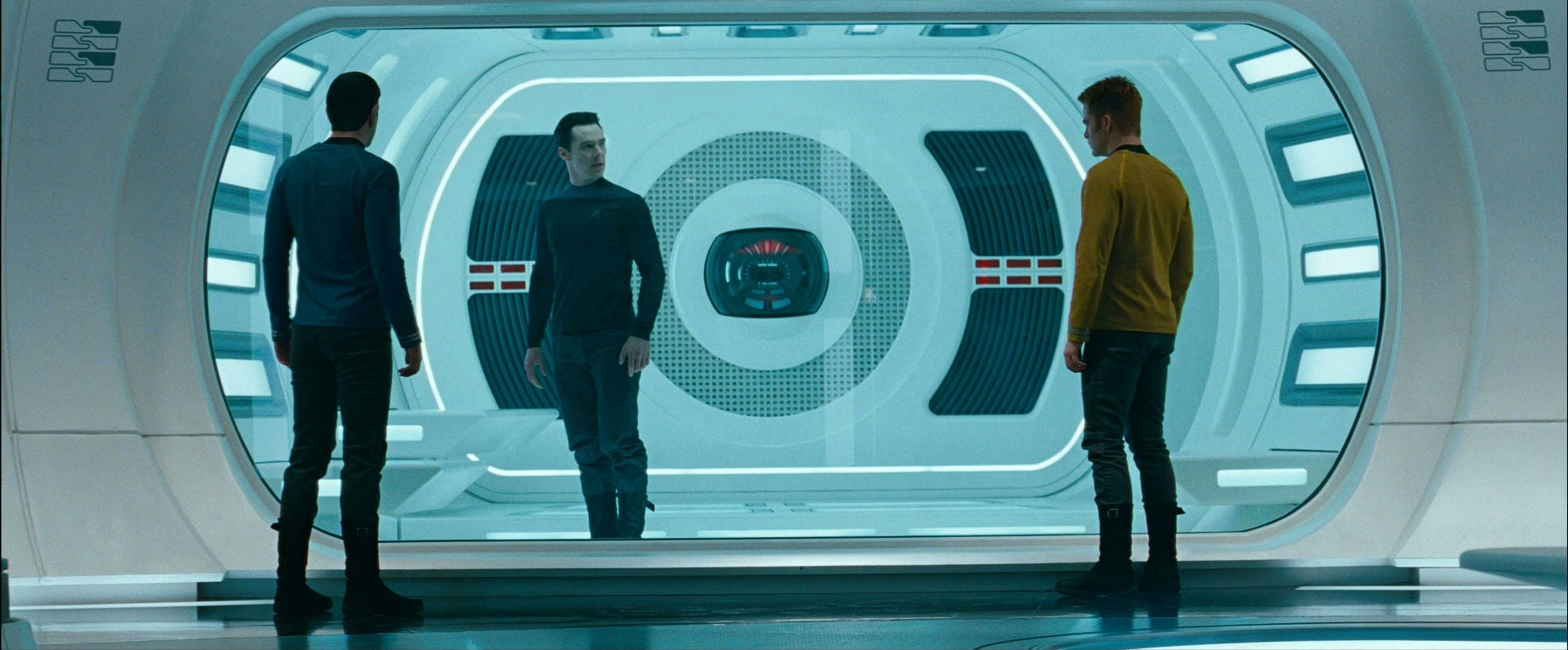 John Harrison/Khan (Benedict Cumberbatch) in questioned while in detainment by Spock (Zachary Quinto) and James Kirk (Chris Pine) in Star Trek Into Darkness