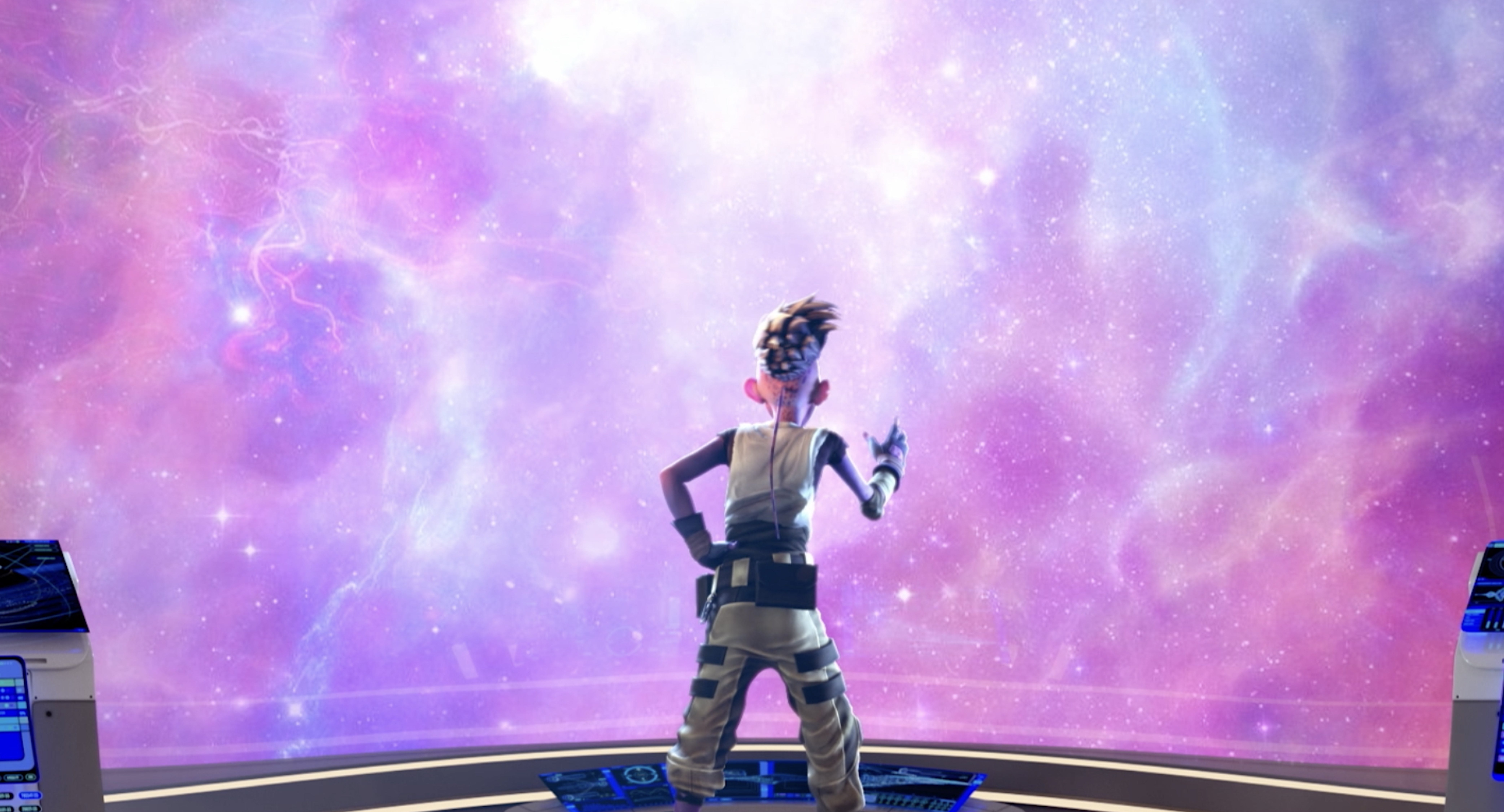 With his back to us, Dal looks out at the vast space through the Protostar's view on Star Trek: Prodigy