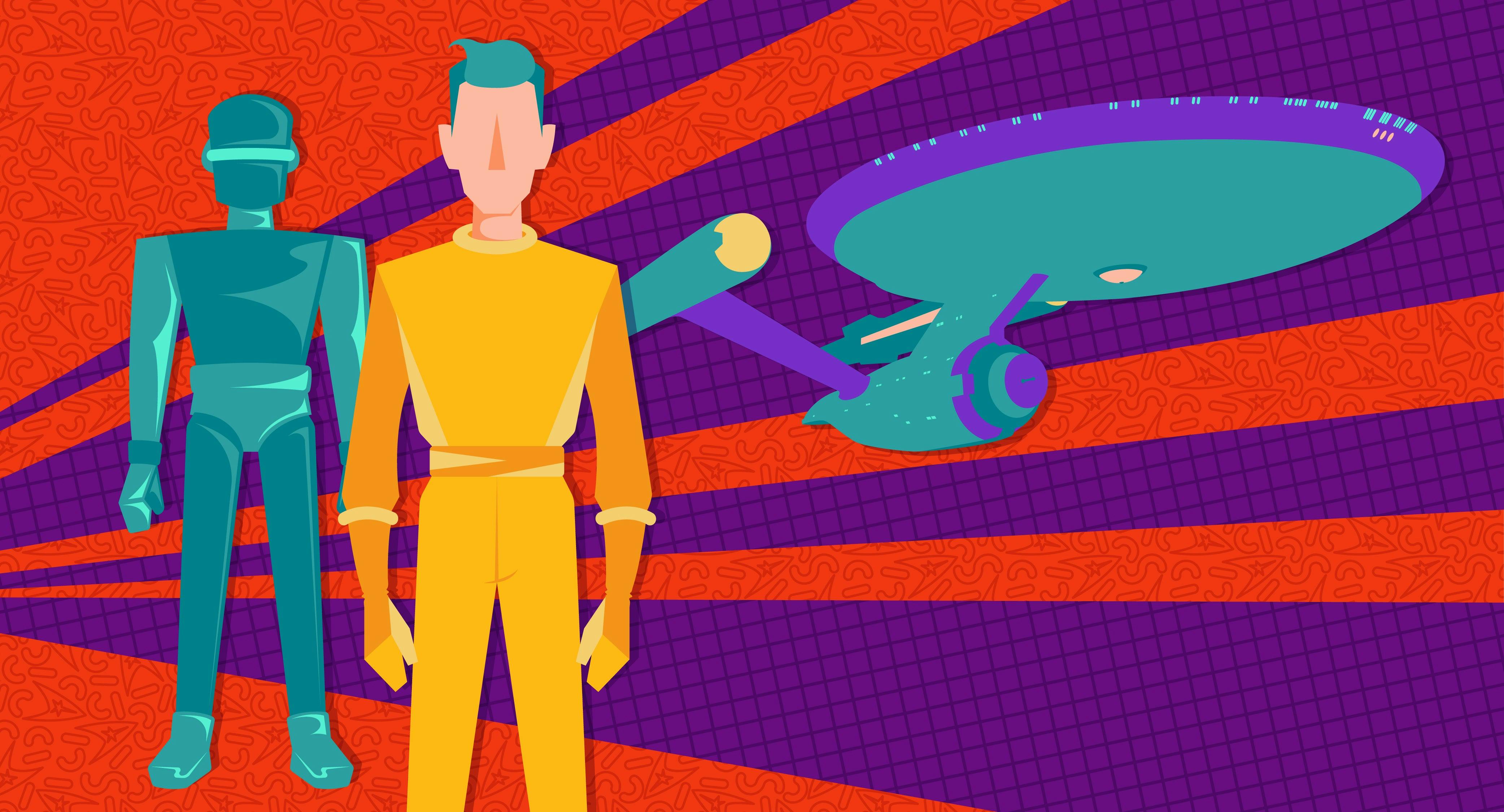 An illustrated version of Gort and Klaatu from the film The Day the Earth Stood Still stand against a red and purple background featuring the Enterprise.