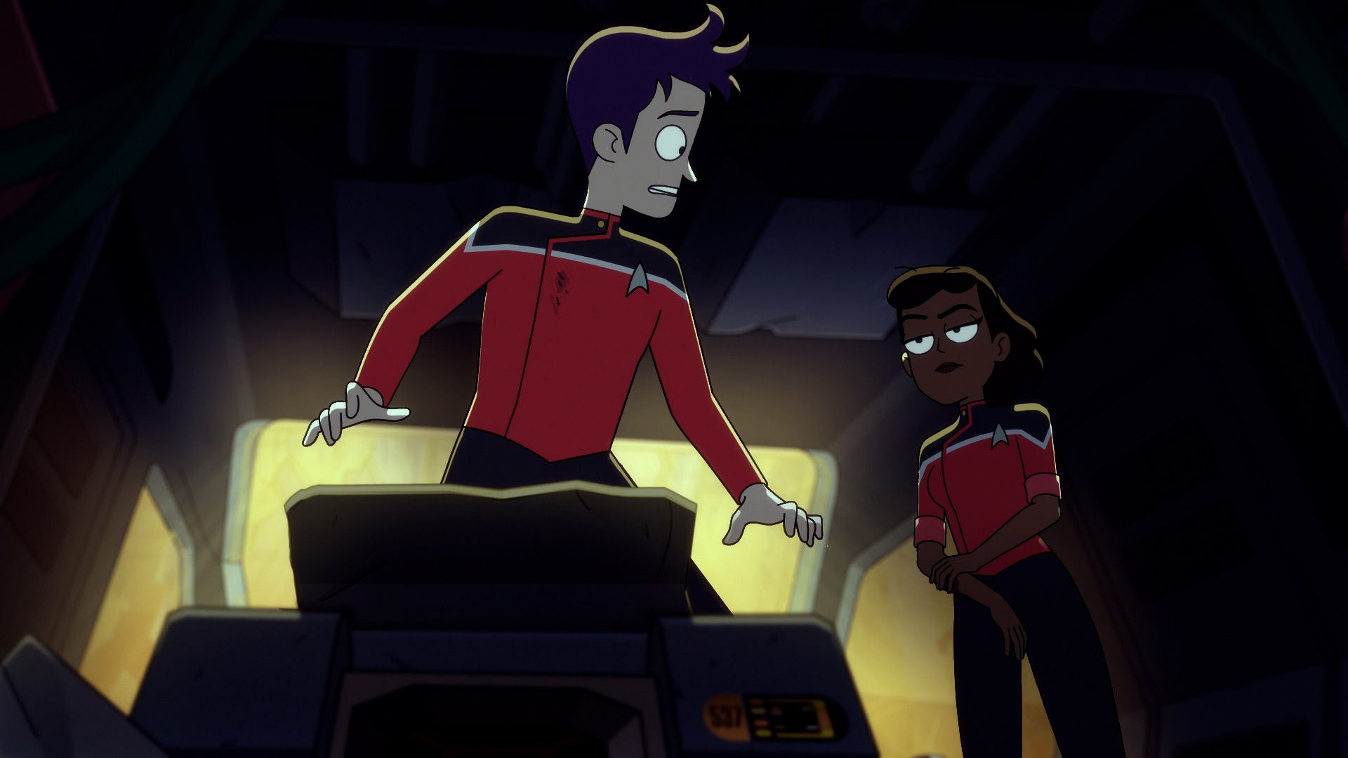 Boimler and Mariner contemplate speaking to the evil computer.