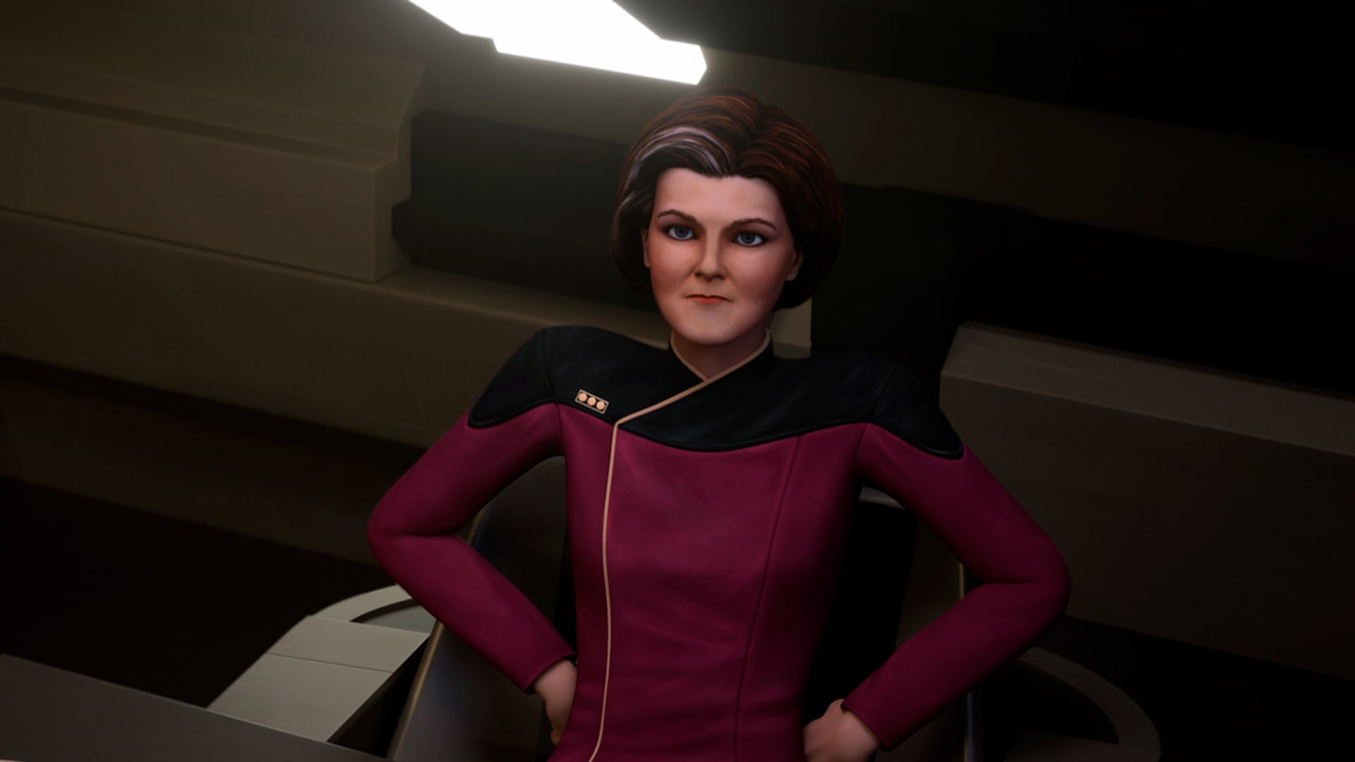 Dal as Vice Admiral Janeway sits in her ready room on the Dauntless on Star Trek: Prodigy