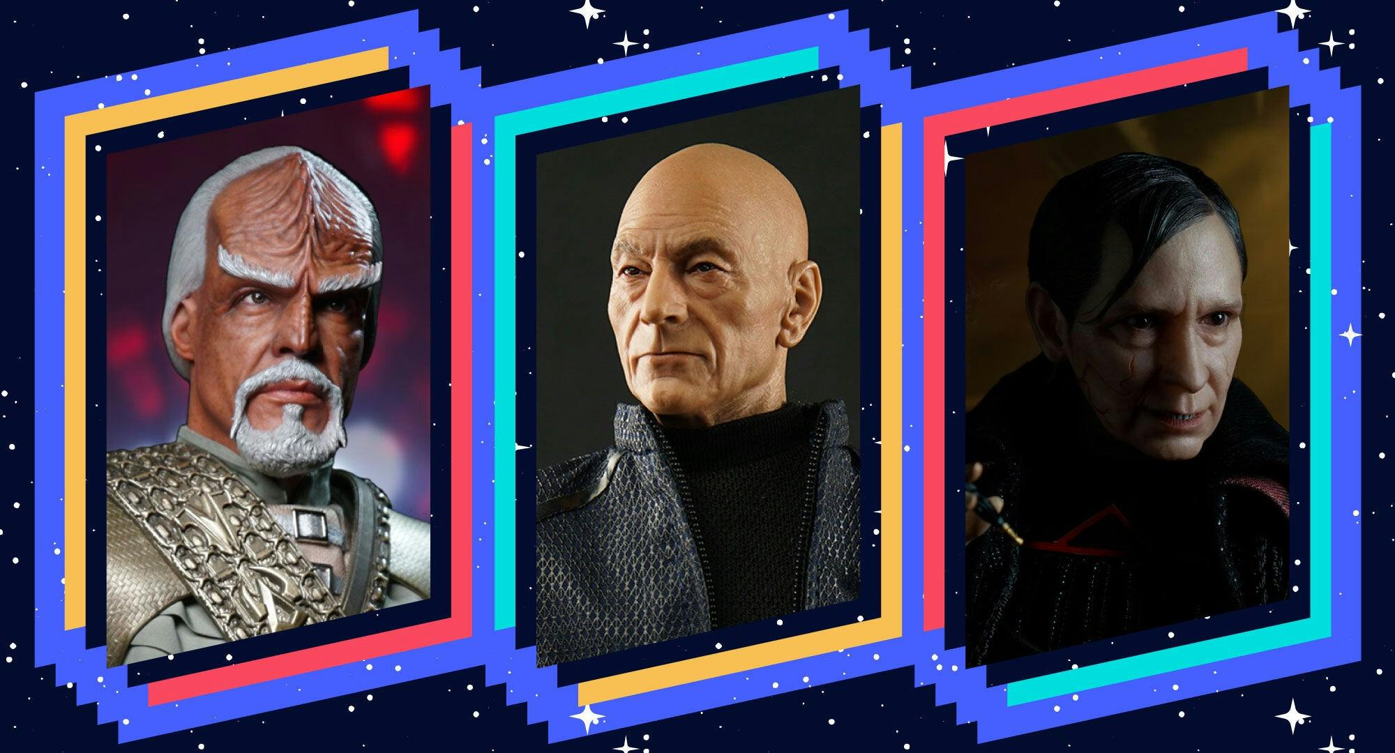 Illustrated banner featuring EXO-6's Star Trek: Picard collectible figures of Worf, Admiral Picard, and Vadic
