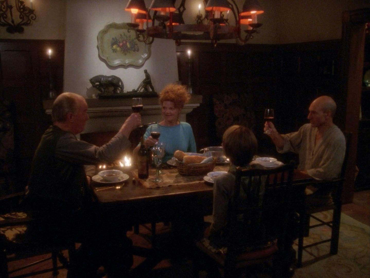 Jean-Luc returns to Chateau Picard and joins his brother and his family for dinner as they all raise their wine glasses in 'Family'