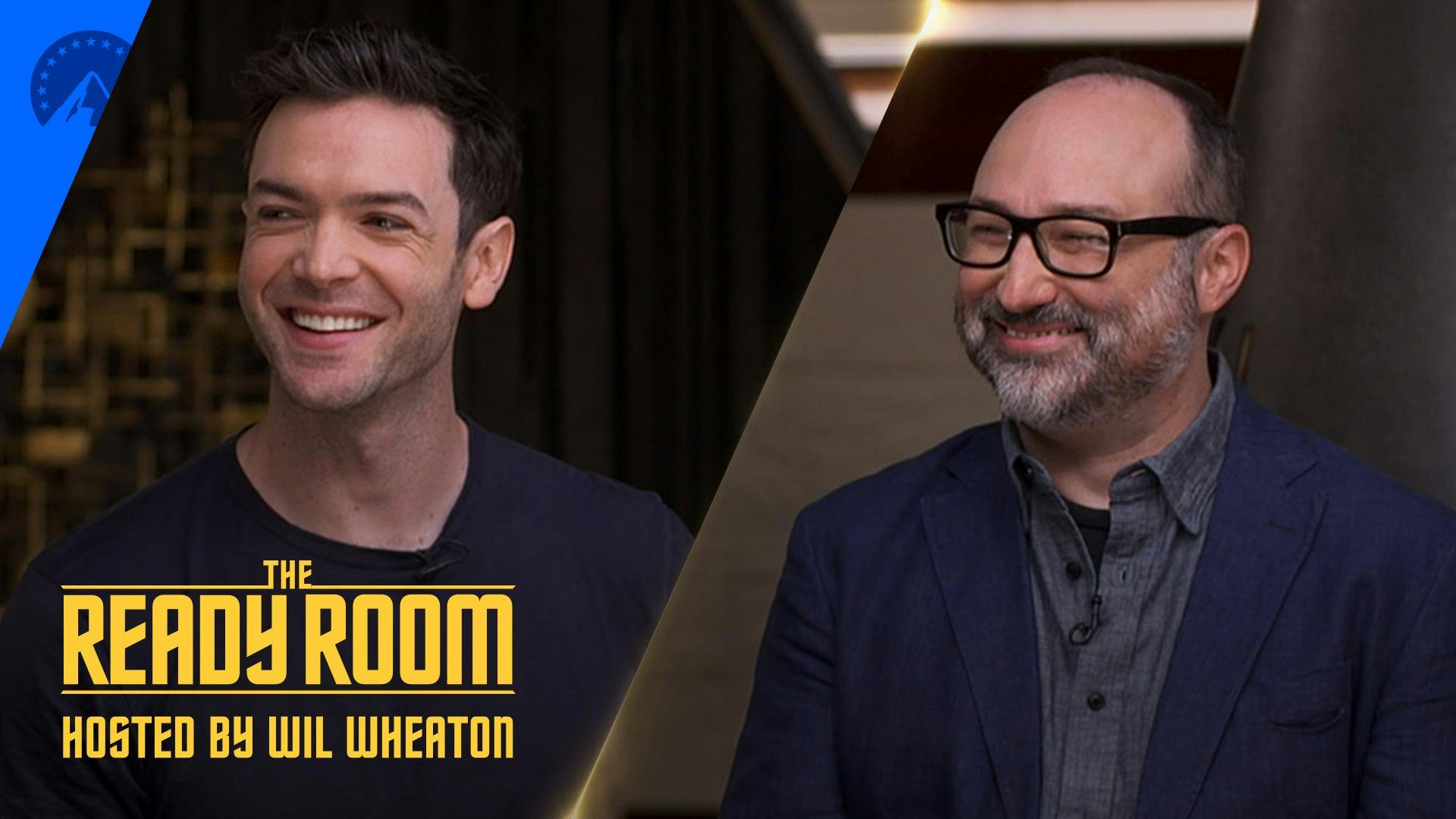 Ethan Peck and Henry Alonso Myers smile as they are interviewed by Wil Wheaton for The Ready Room.