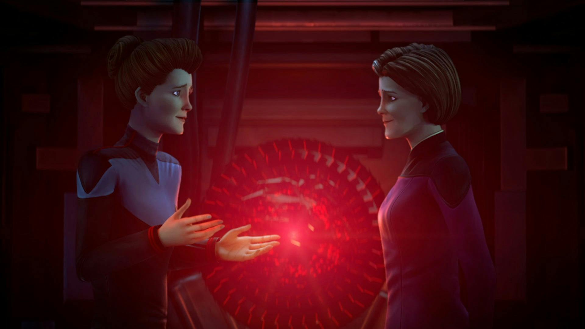 Holo-Janeway meets Vice Admiral Janeway in front of the Living Construct on Star Trek: Prodigy