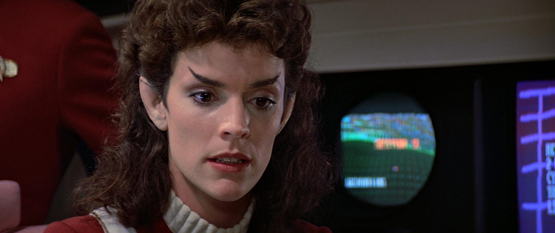 Saavik looks down at her control monitors in The Search for Spock