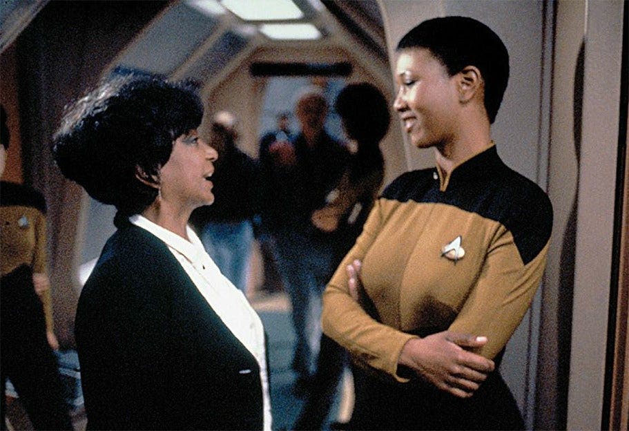Nichelle Nichols and Mae Jemison on Star Trek: The Next Generation