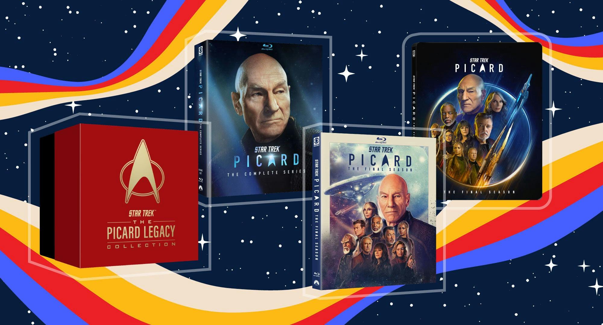 Illustrated banner featuring Star Trek: Picard home entertainment releases