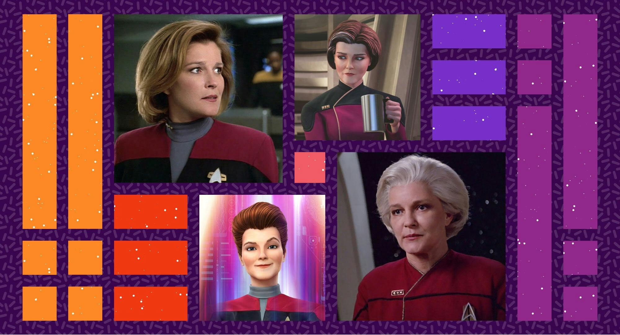 Illustrated banner featuring a montage of Captain Janeway from Star Trek: Voyager and Star Trek: Prodigy