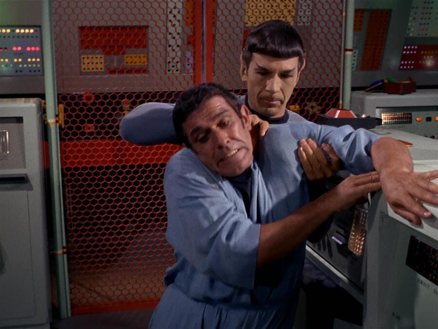 Spock uses a Vulcan neck pinch on Humbolt to use Starfleet's computers in 'The Menagerie'