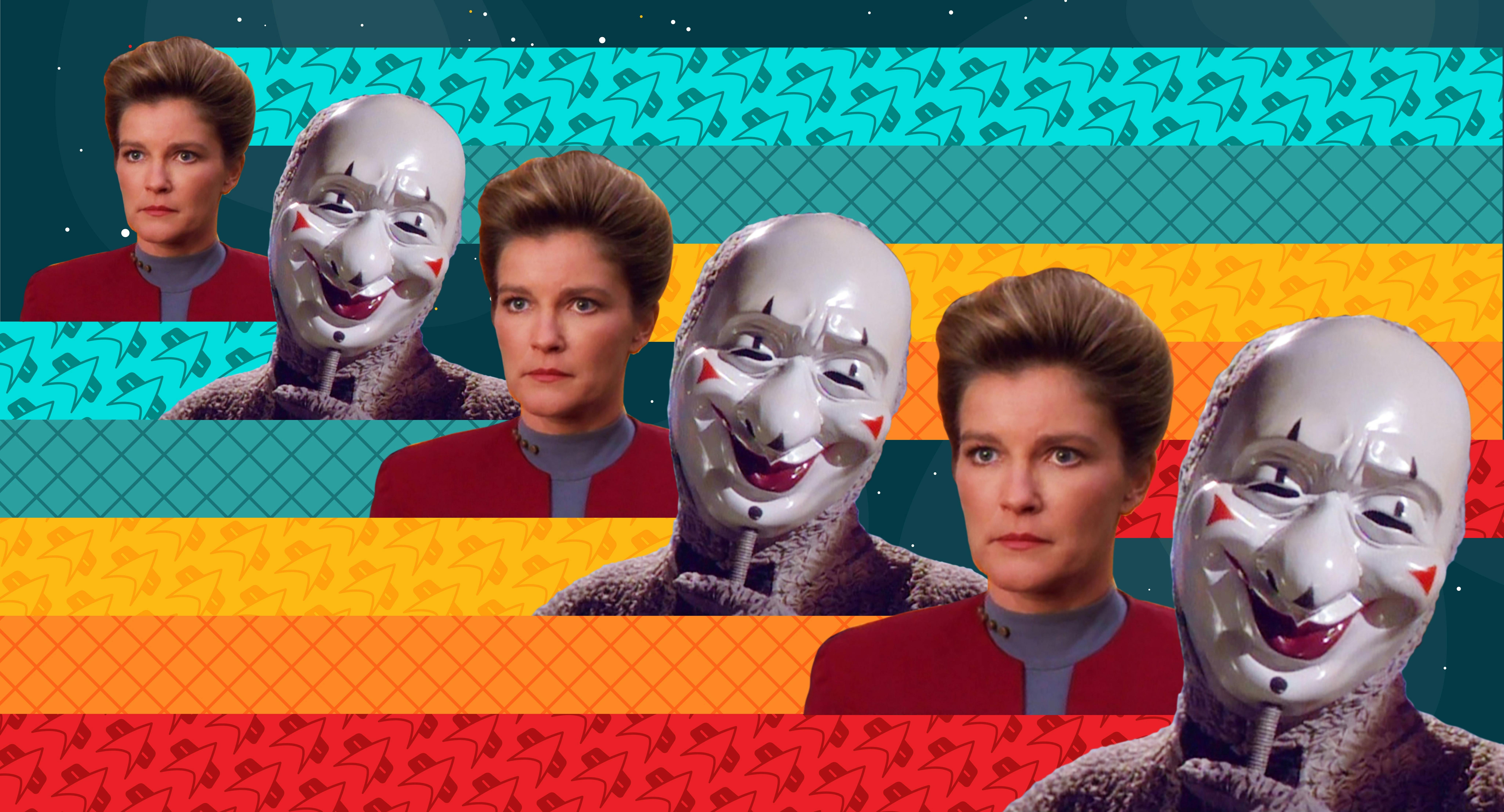 Illustrated banner art for The Clown and Janeway from Star Trek: Voyager's The Thaw