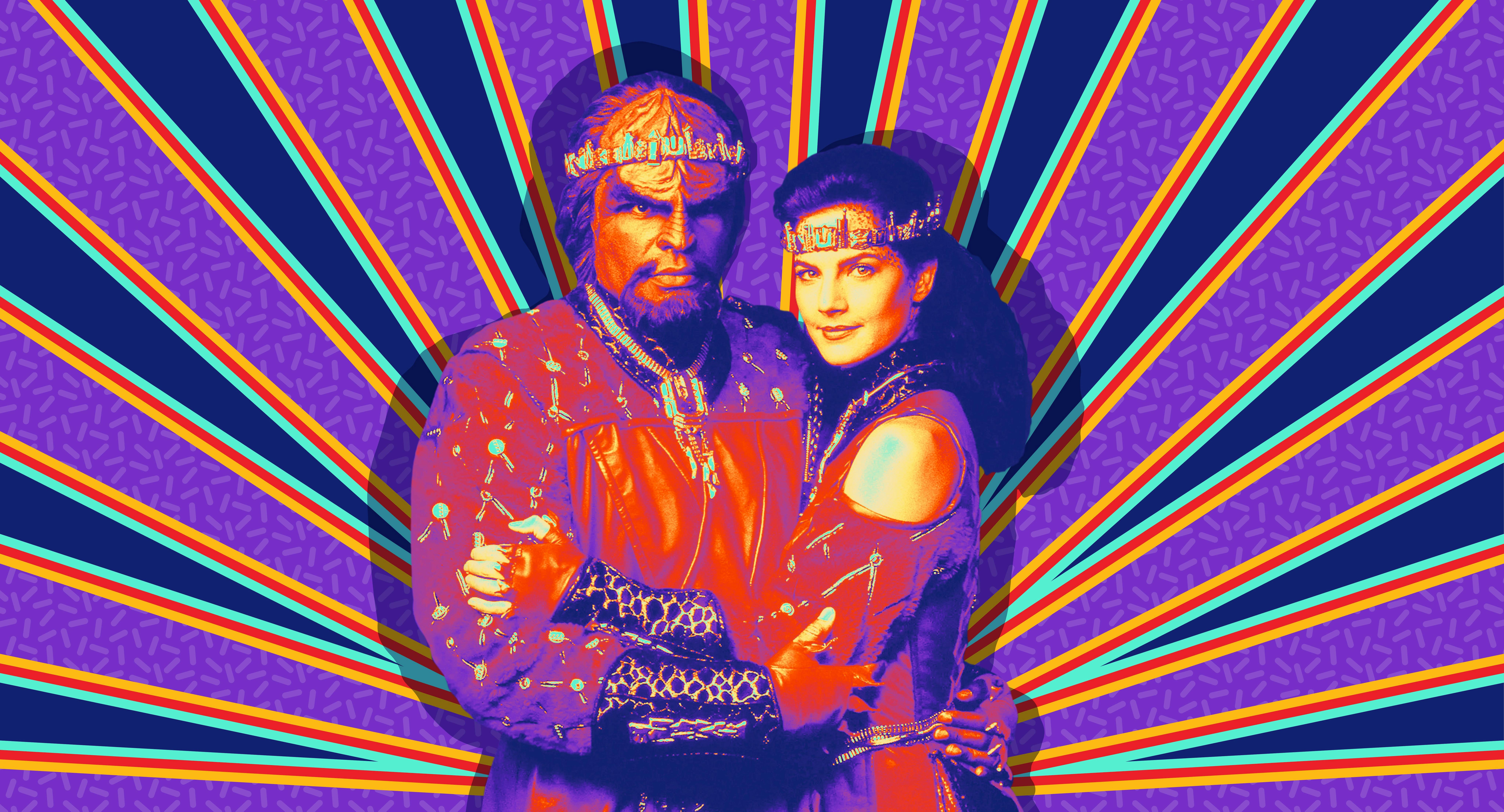 Illustrated banner of Worf and Jadzia Dax in their wedding outfits on Star Trek: Deep Space Nine