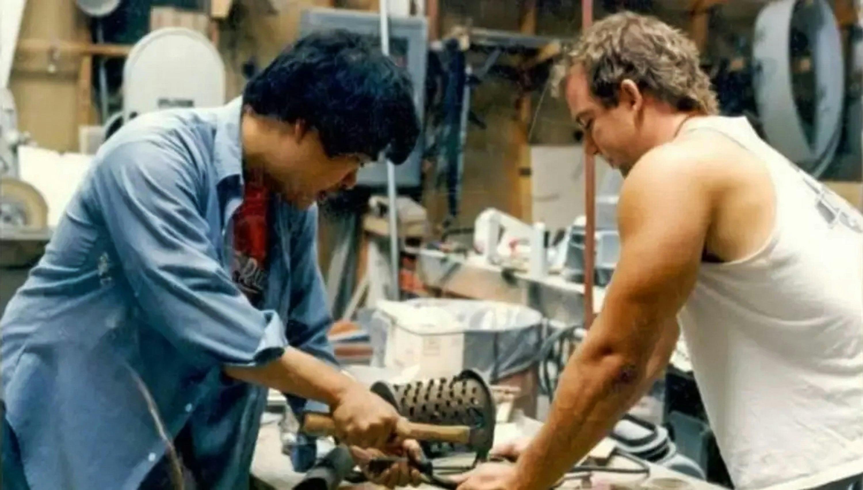 Gregory Jein and John Eaves at work on a model during the production of Star Trek V